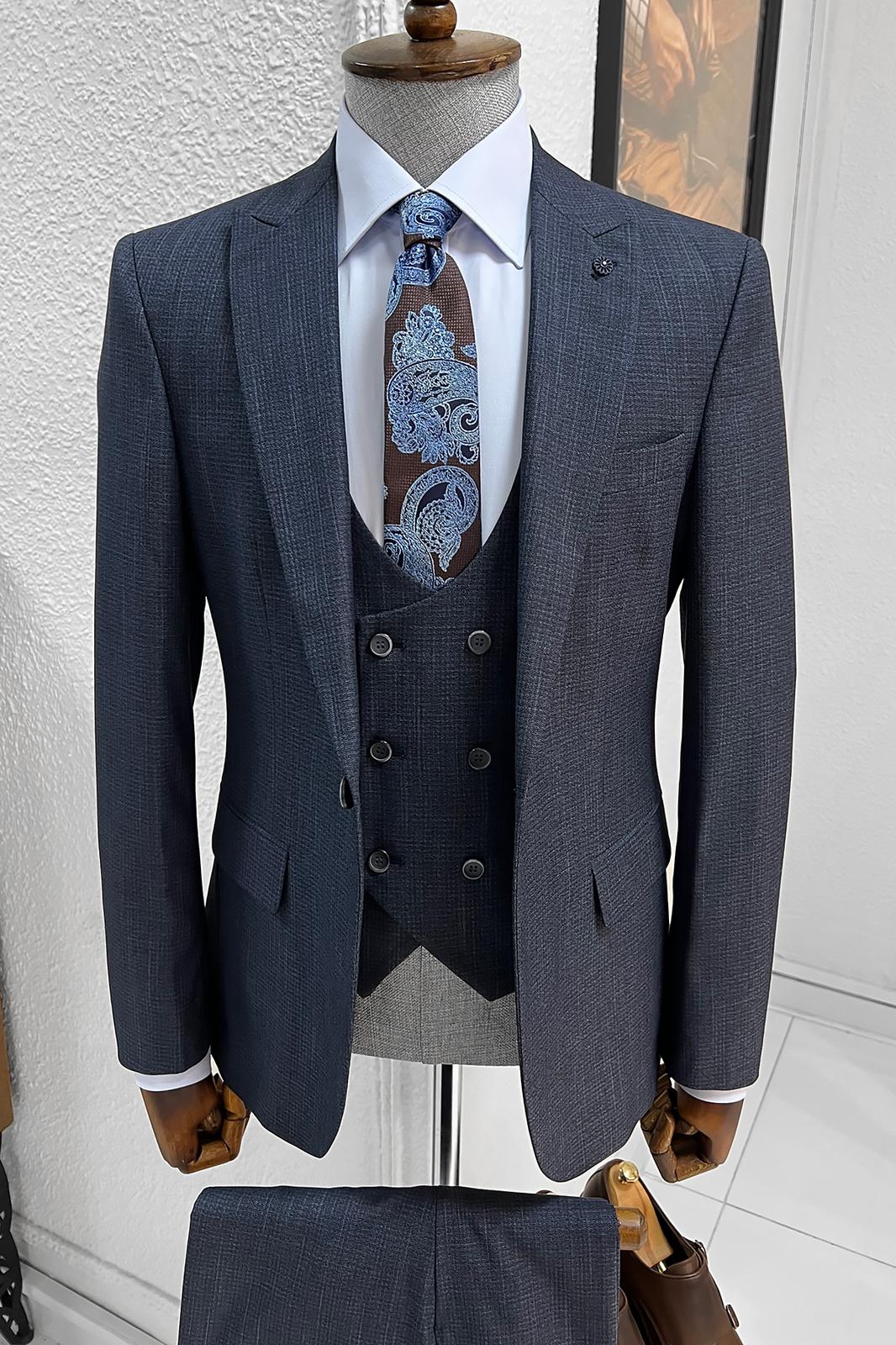 Selma Navy Blue Patterned Slim Fit Suit