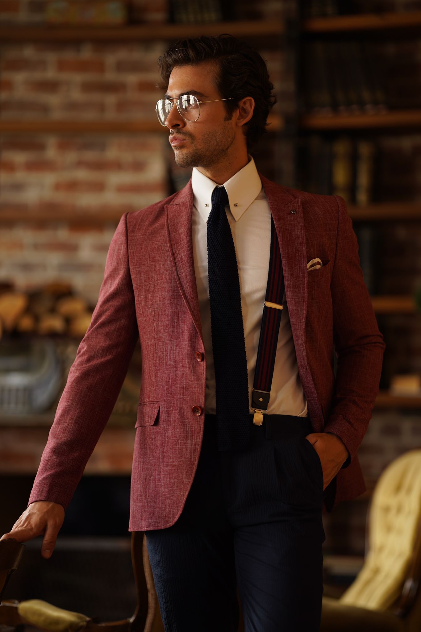 Swaxon Claret Red Self-Patterned Slim Fit Blazer