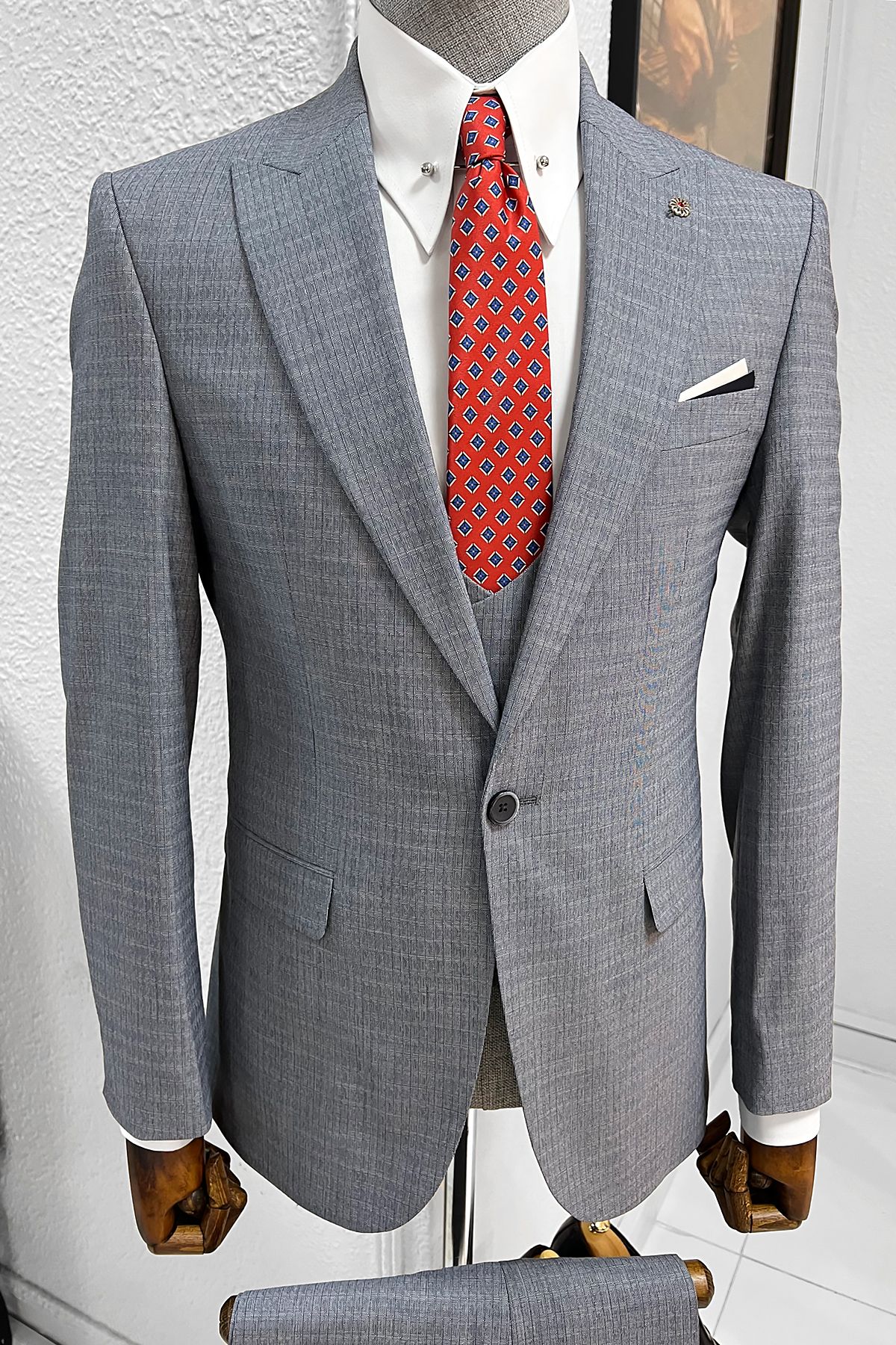 Selma Patterned Slim Fit Suit (Gray & Navy Blue)