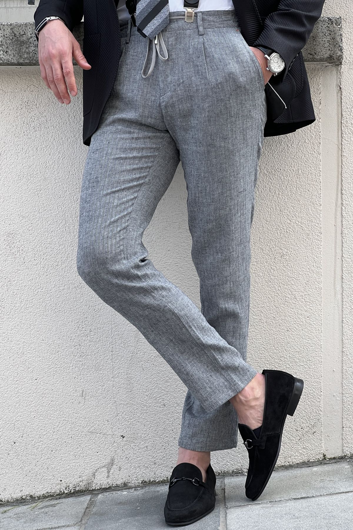 Axim Gray Self-Patterned Slim Fit Pants