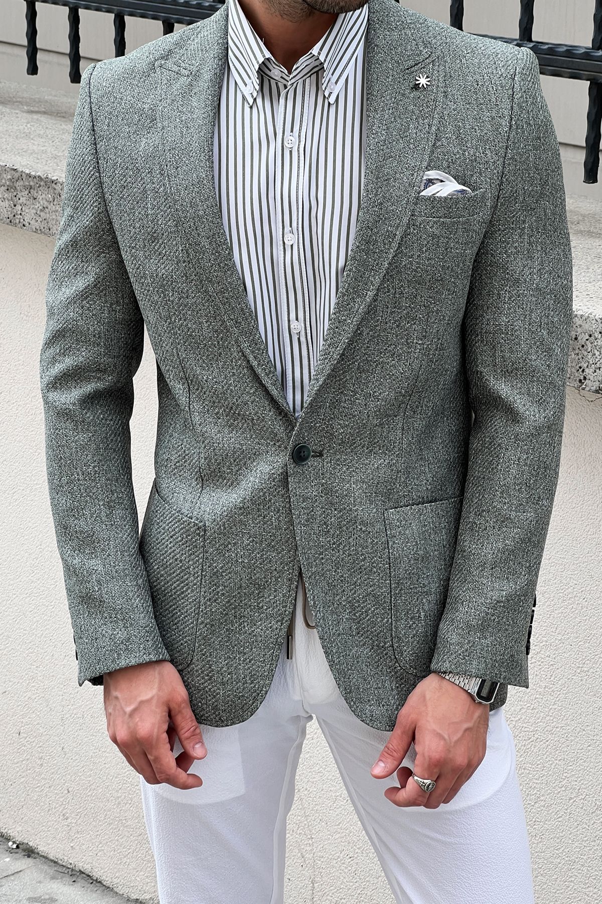 Carmel Light Green Self-Patterned Slim Fit Blazer