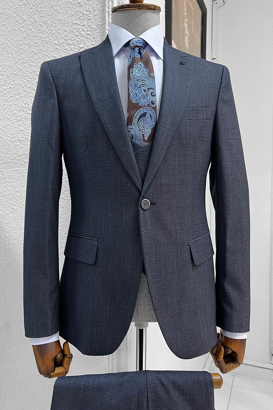 Selma Navy Blue Patterned Slim Fit Suit