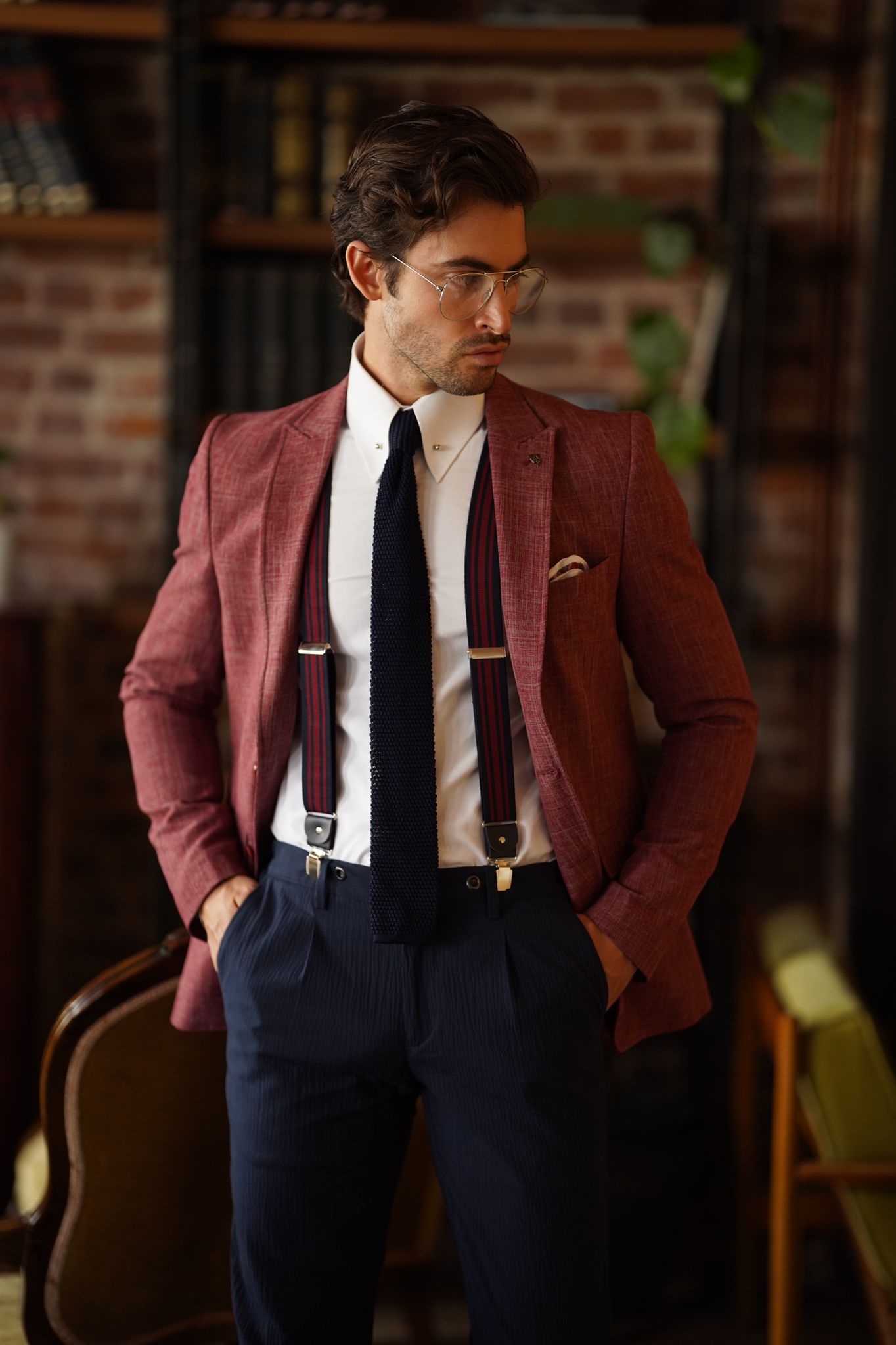 Swaxon Claret Red Self-Patterned Slim Fit Blazer