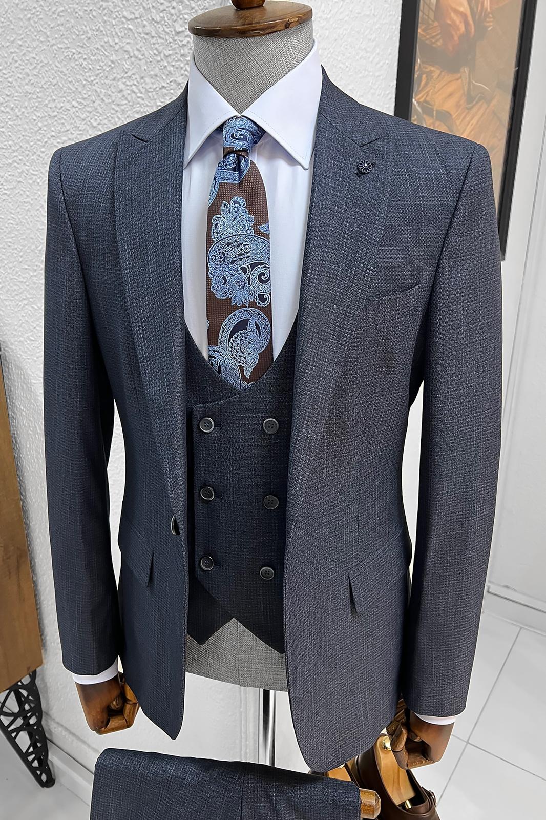 Selma Navy Blue Patterned Slim Fit Suit