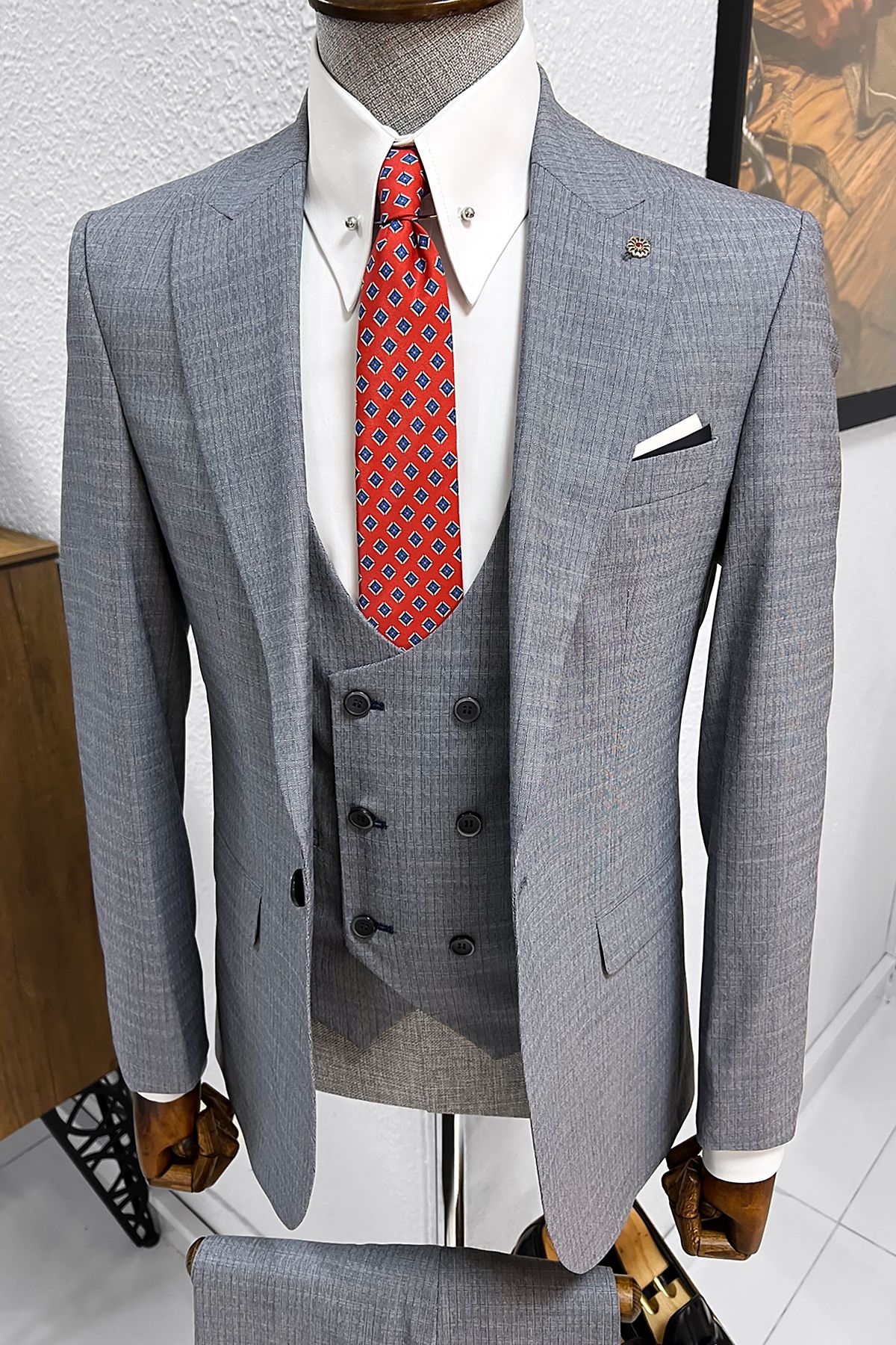 Selma Patterned Slim Fit Suit (Gray & Navy Blue)