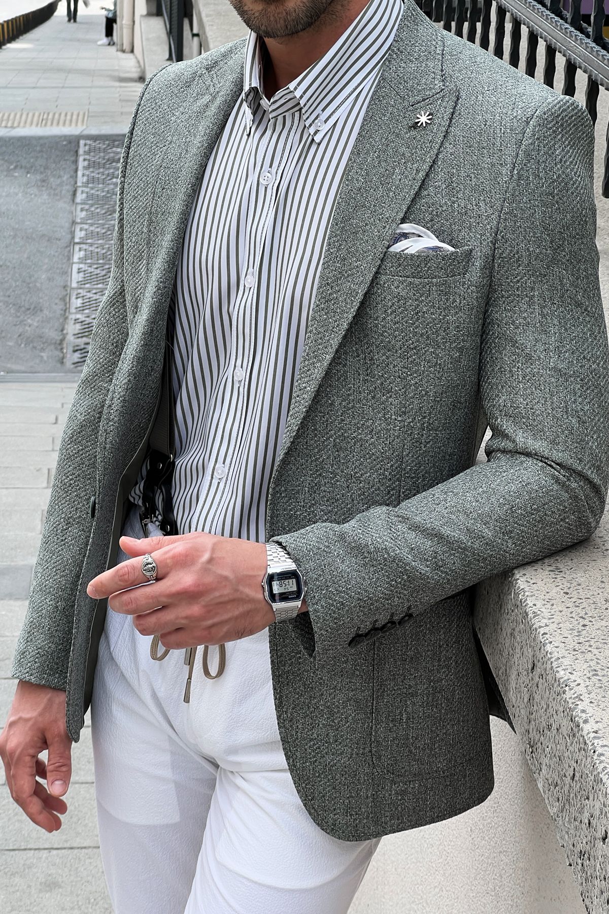 Carmel Light Green Self-Patterned Slim Fit Blazer