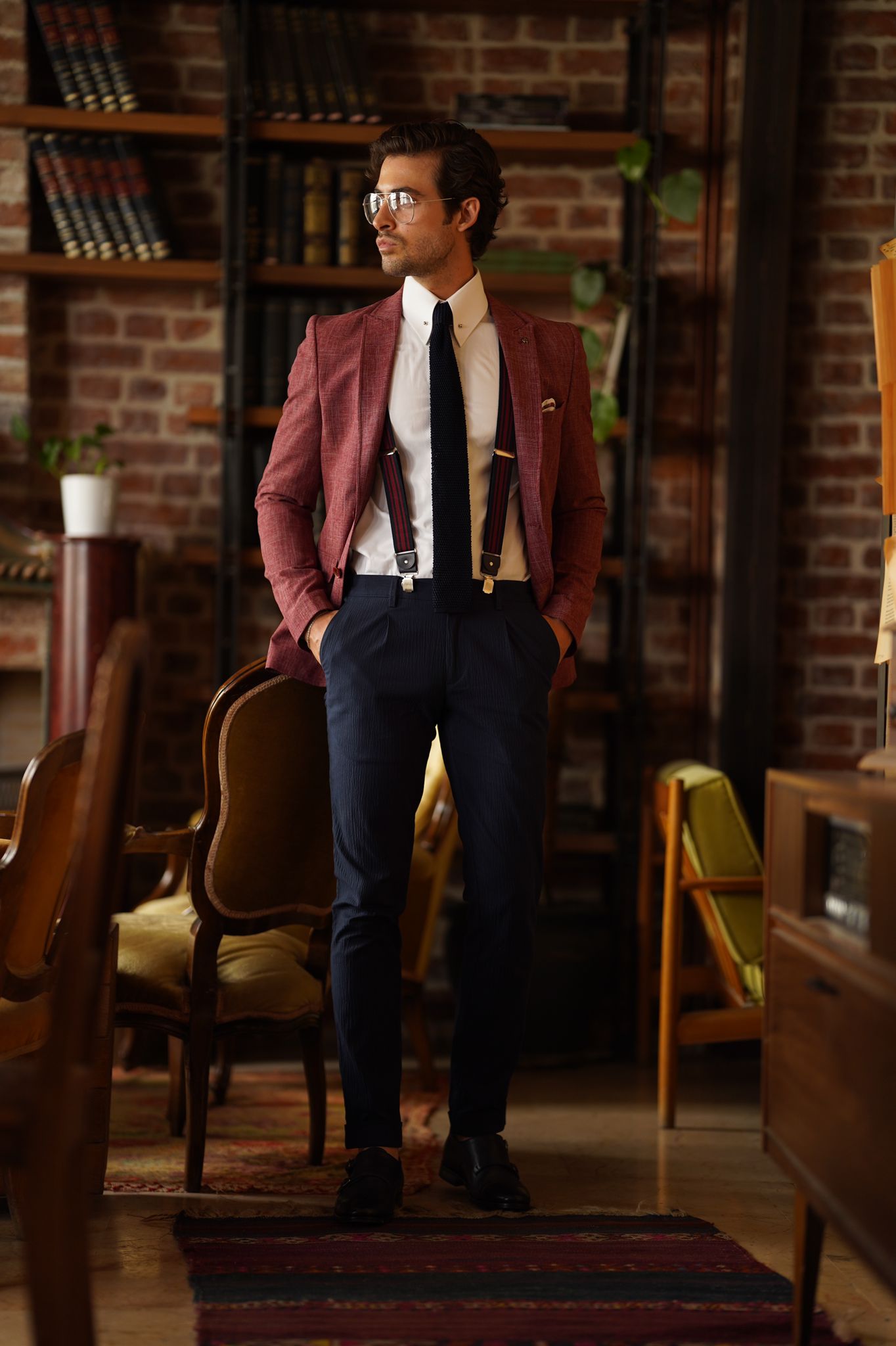 Swaxon Claret Red Self-Patterned Slim Fit Blazer