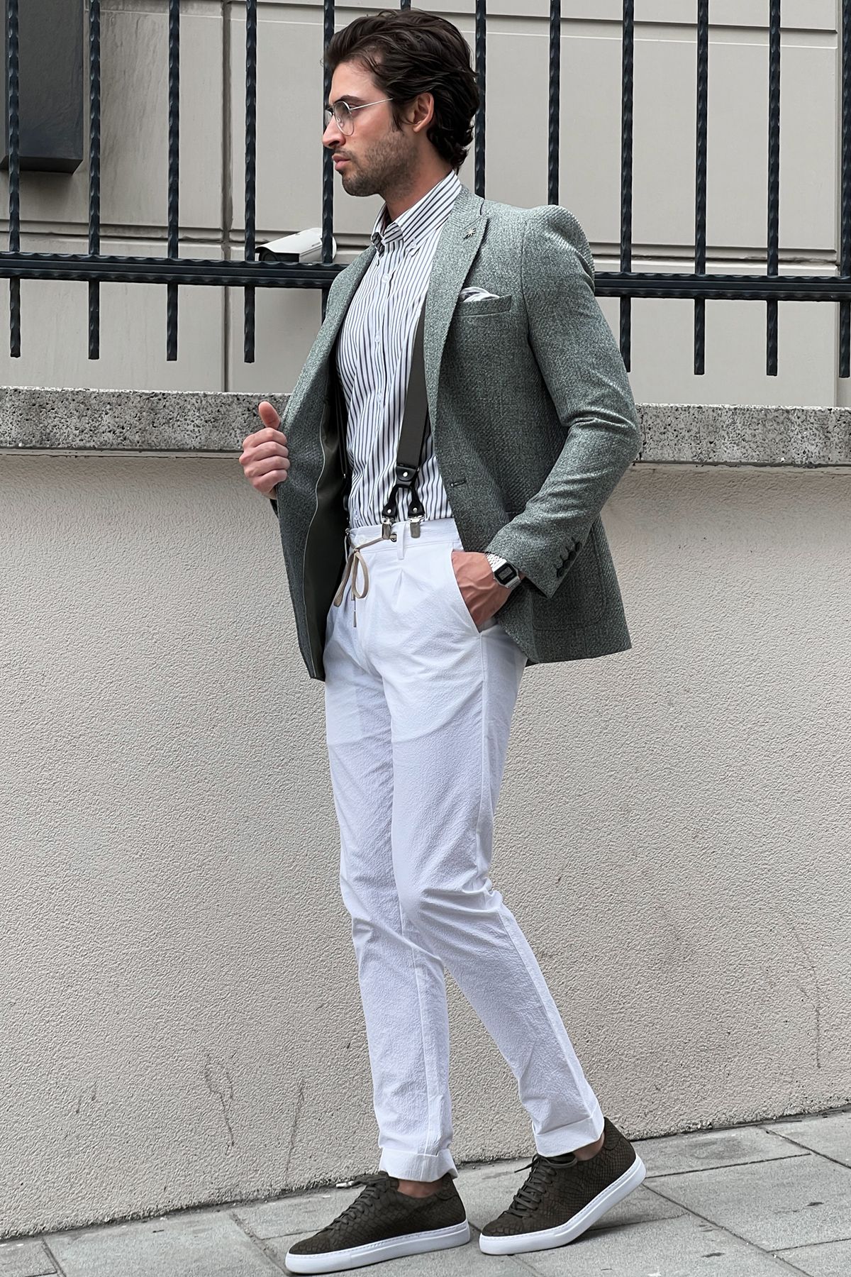 Carmel Light Green Self-Patterned Slim Fit Blazer