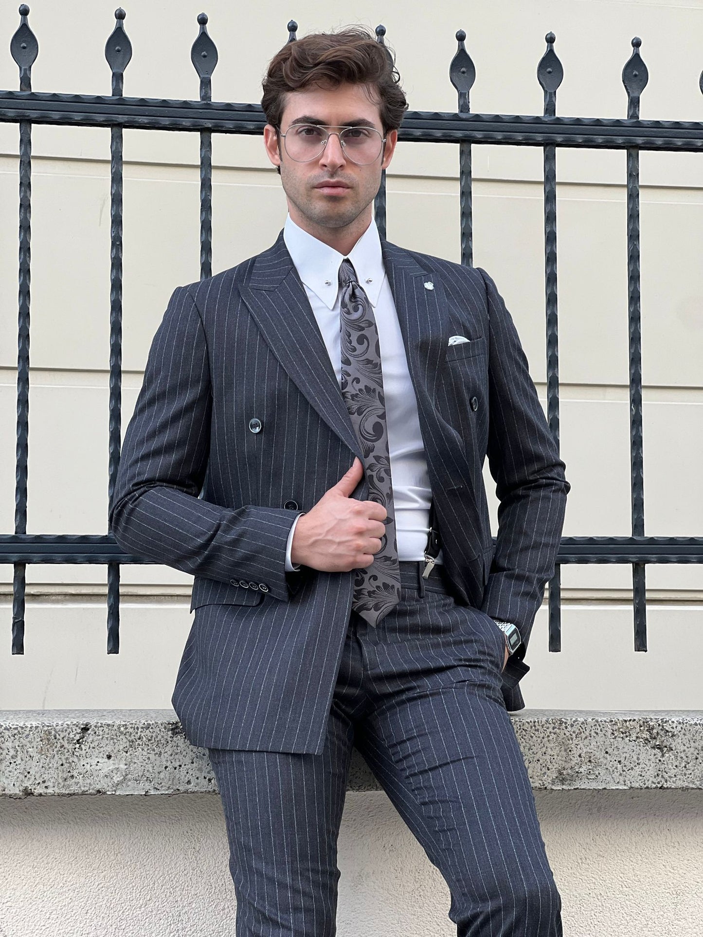 Conan Smoked Striped Double-Breasted Wool Suit