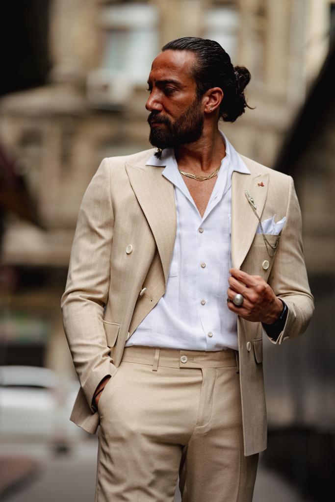 Lekra Beige Striped Double Breasted Suit