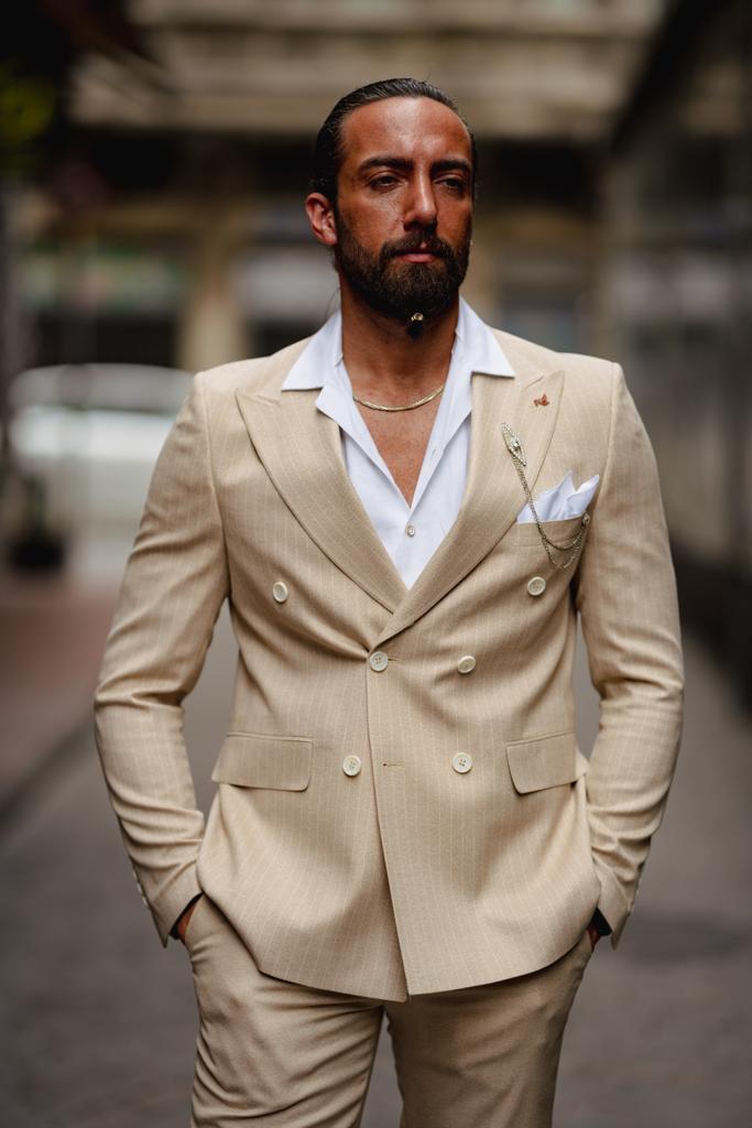 Lekra Beige Striped Double Breasted Suit