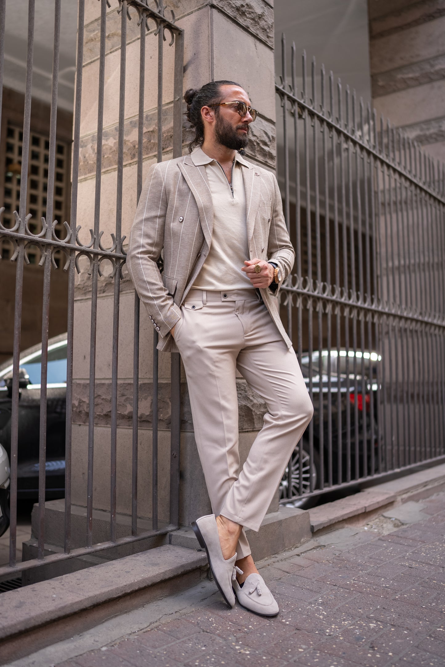 Rondo Beige Striped Double Breasted Blazer
