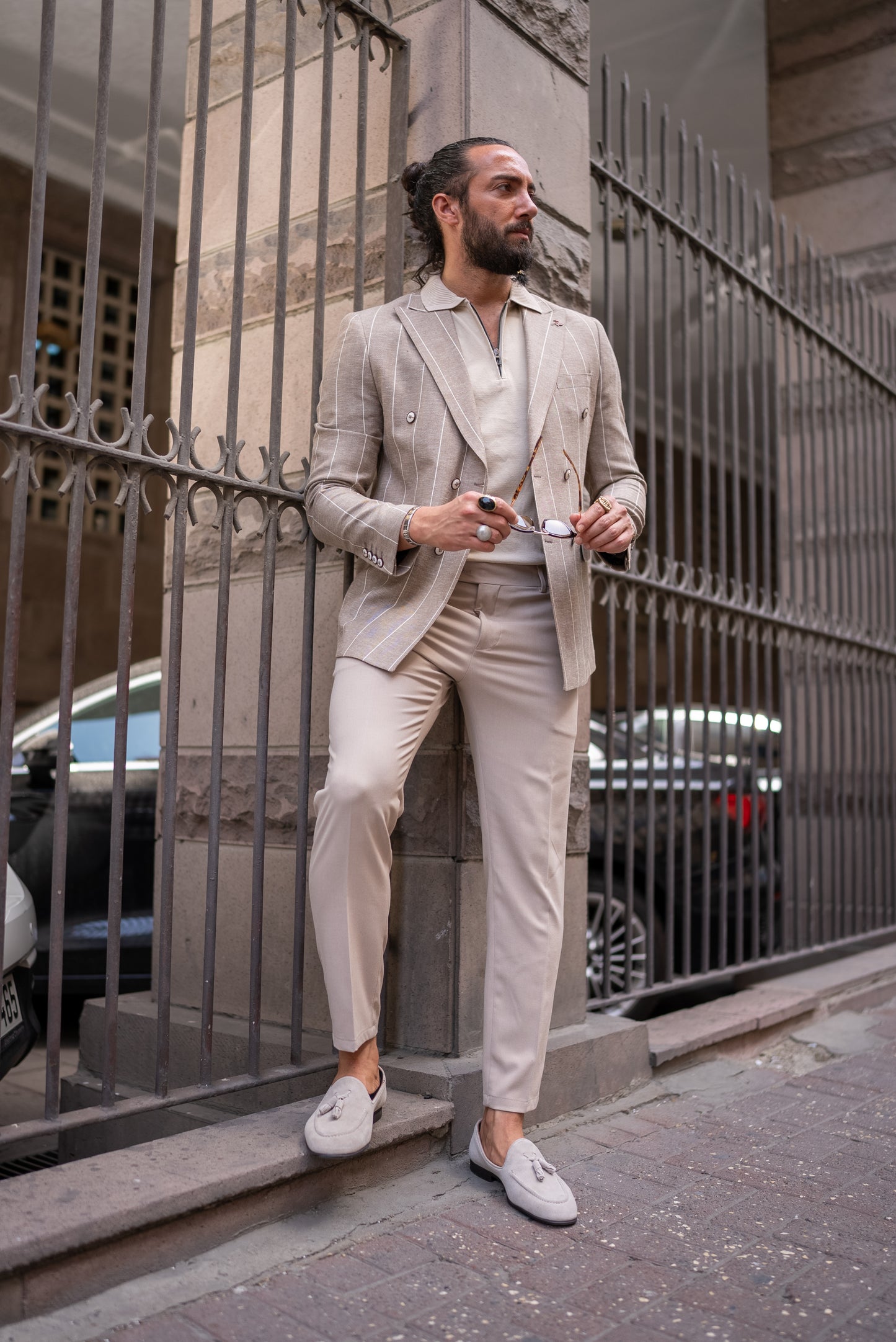 Rondo Beige Striped Double Breasted Blazer