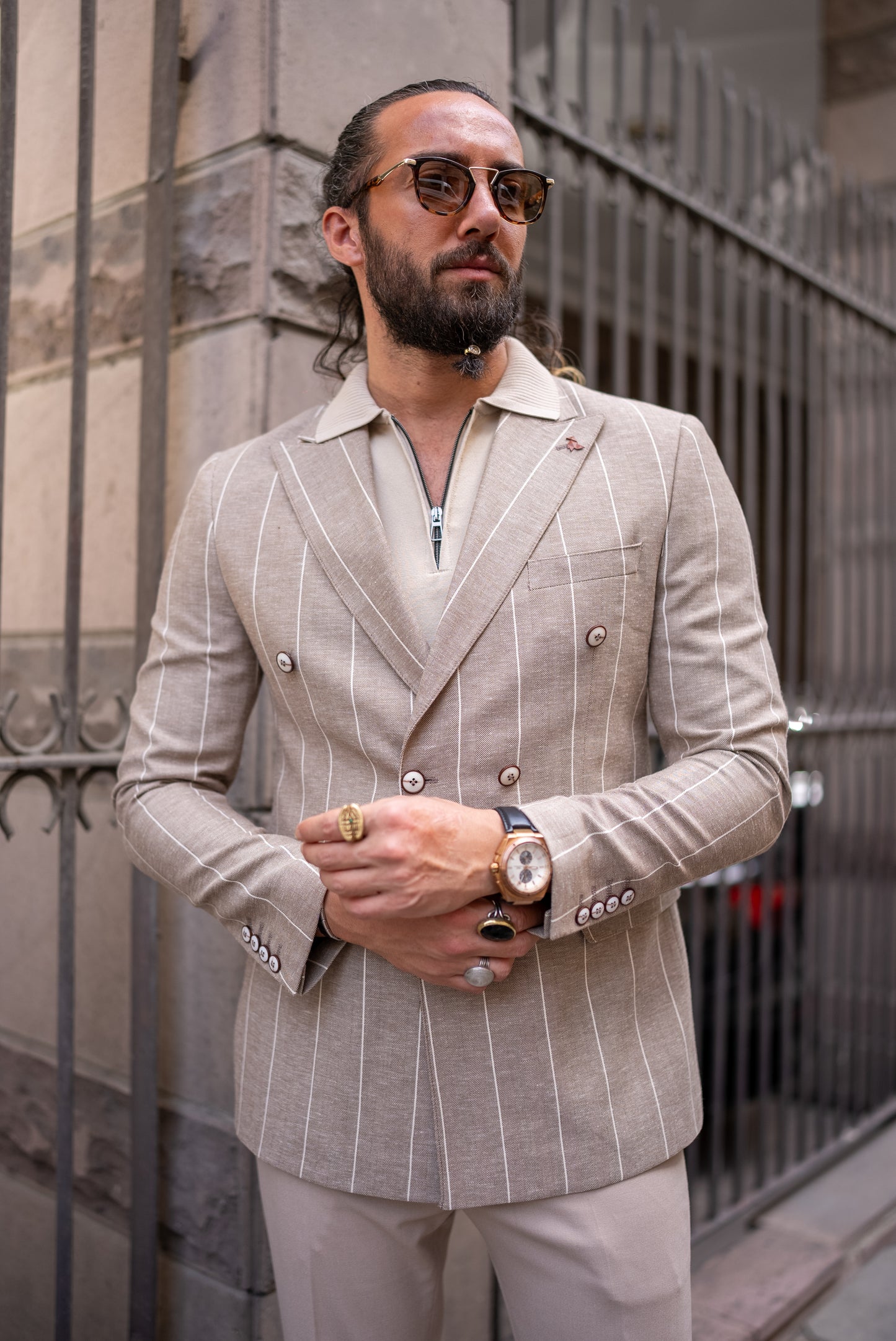 Rondo Beige Striped Double Breasted Blazer