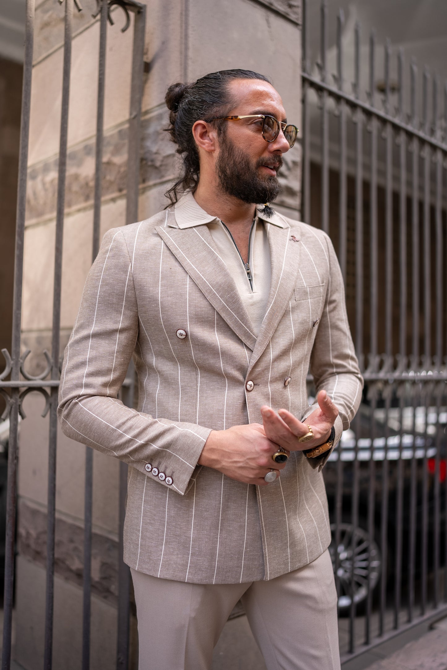 Rondo Beige Striped Double Breasted Blazer