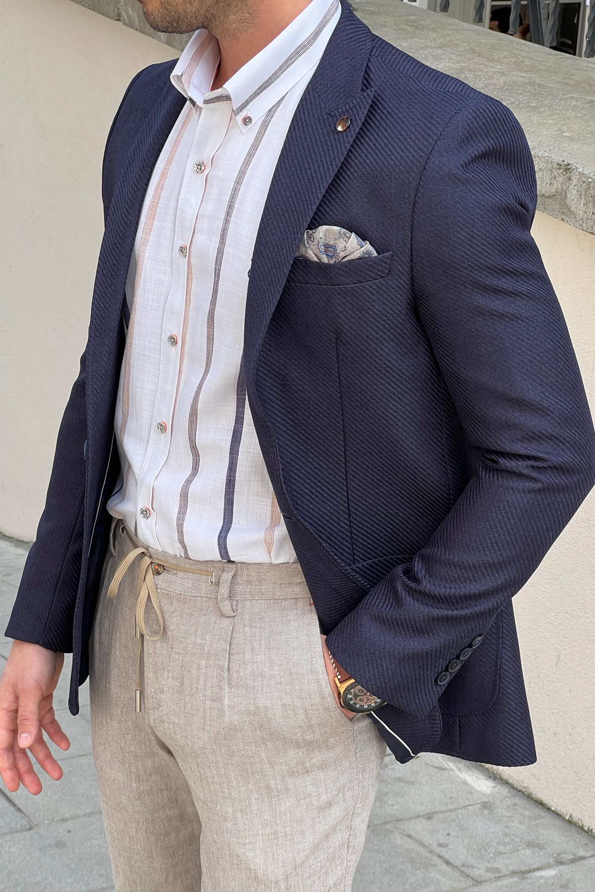 Carmel Navy Blue Self-Patterned Slim Fit Blazer