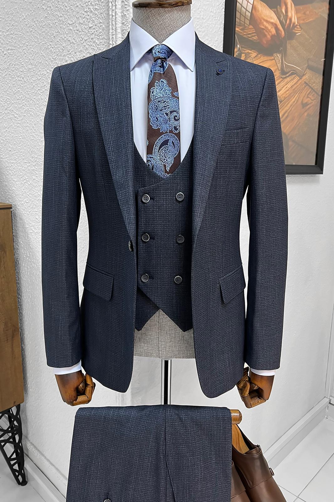 Selma Navy Blue Patterned Slim Fit Suit