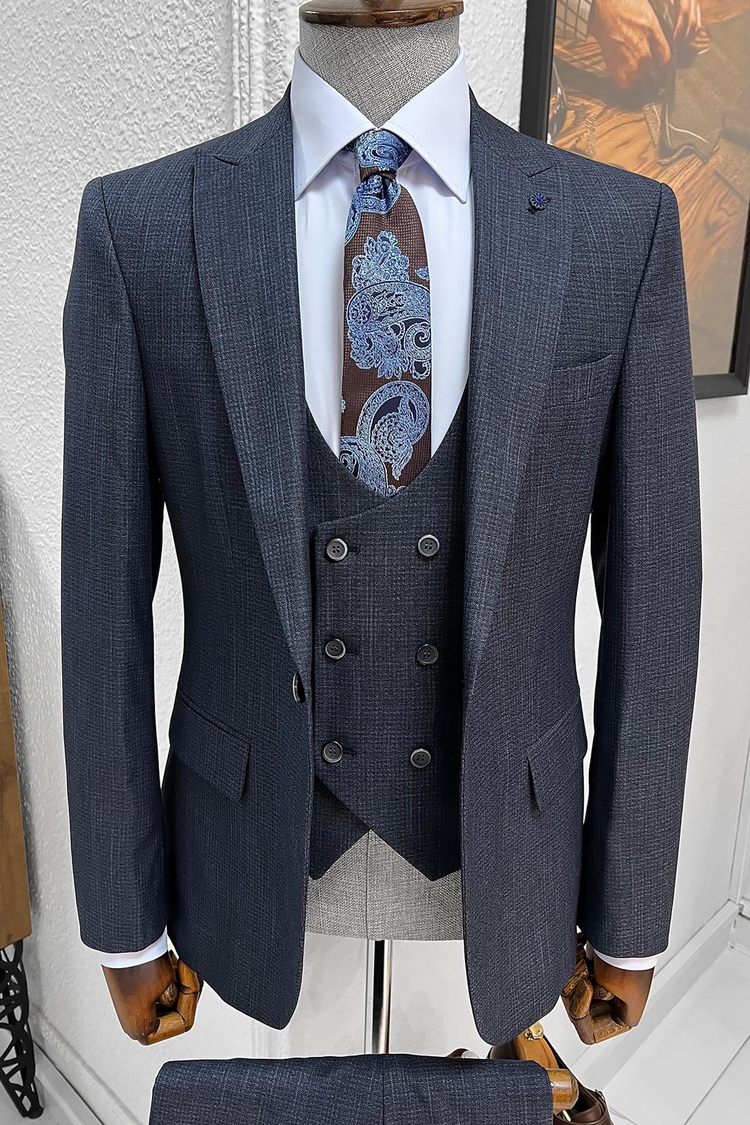 Selma Navy Blue Patterned Slim Fit Suit