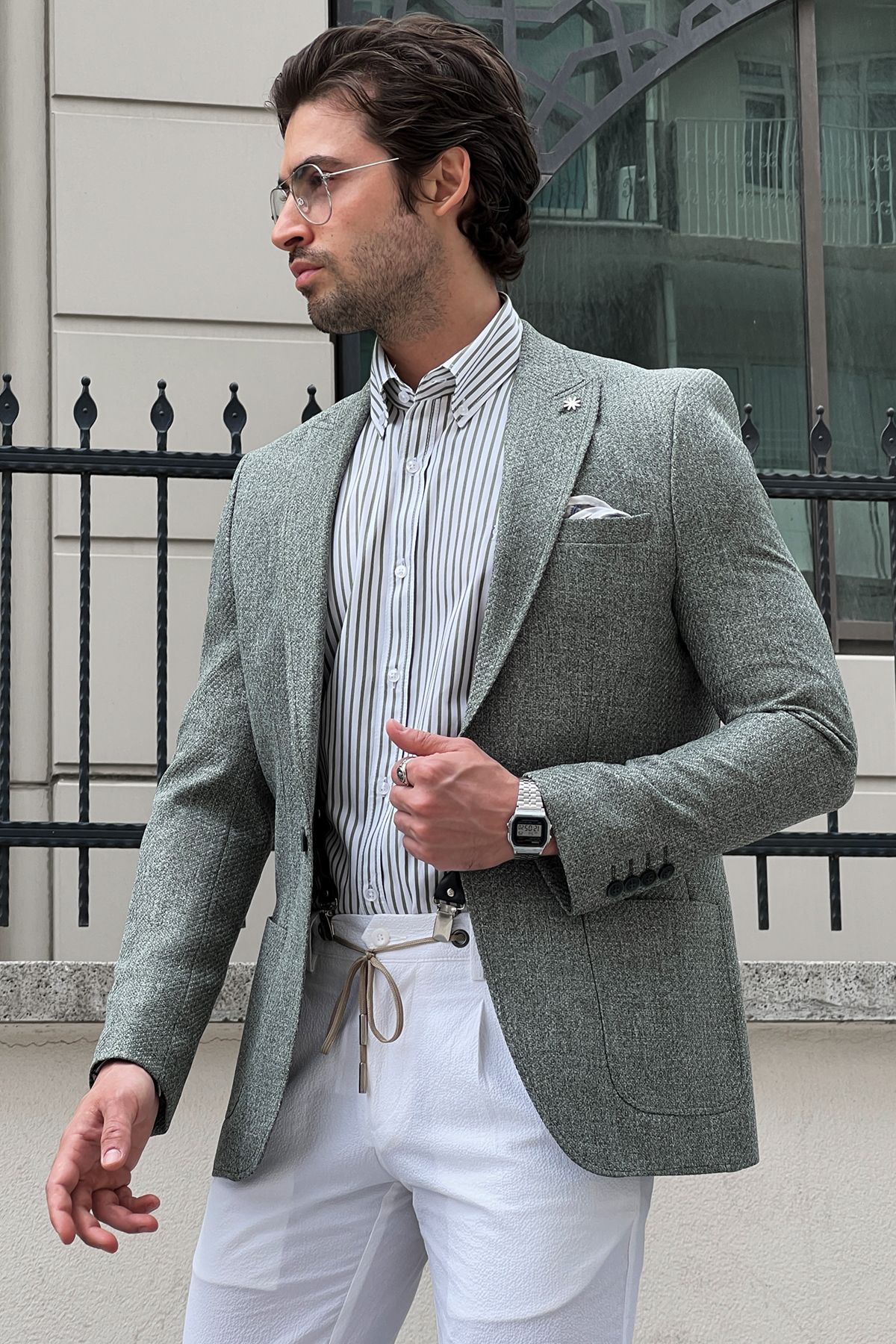 Carmel Light Green Self-Patterned Slim Fit Blazer