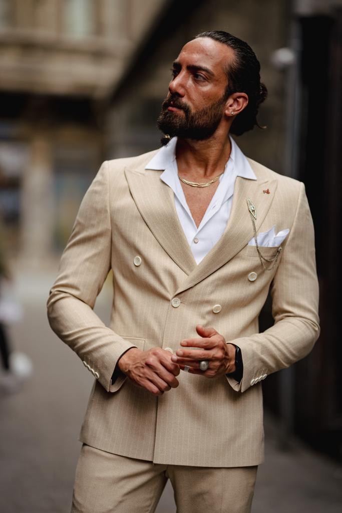 Lekra Beige Striped Double Breasted Suit