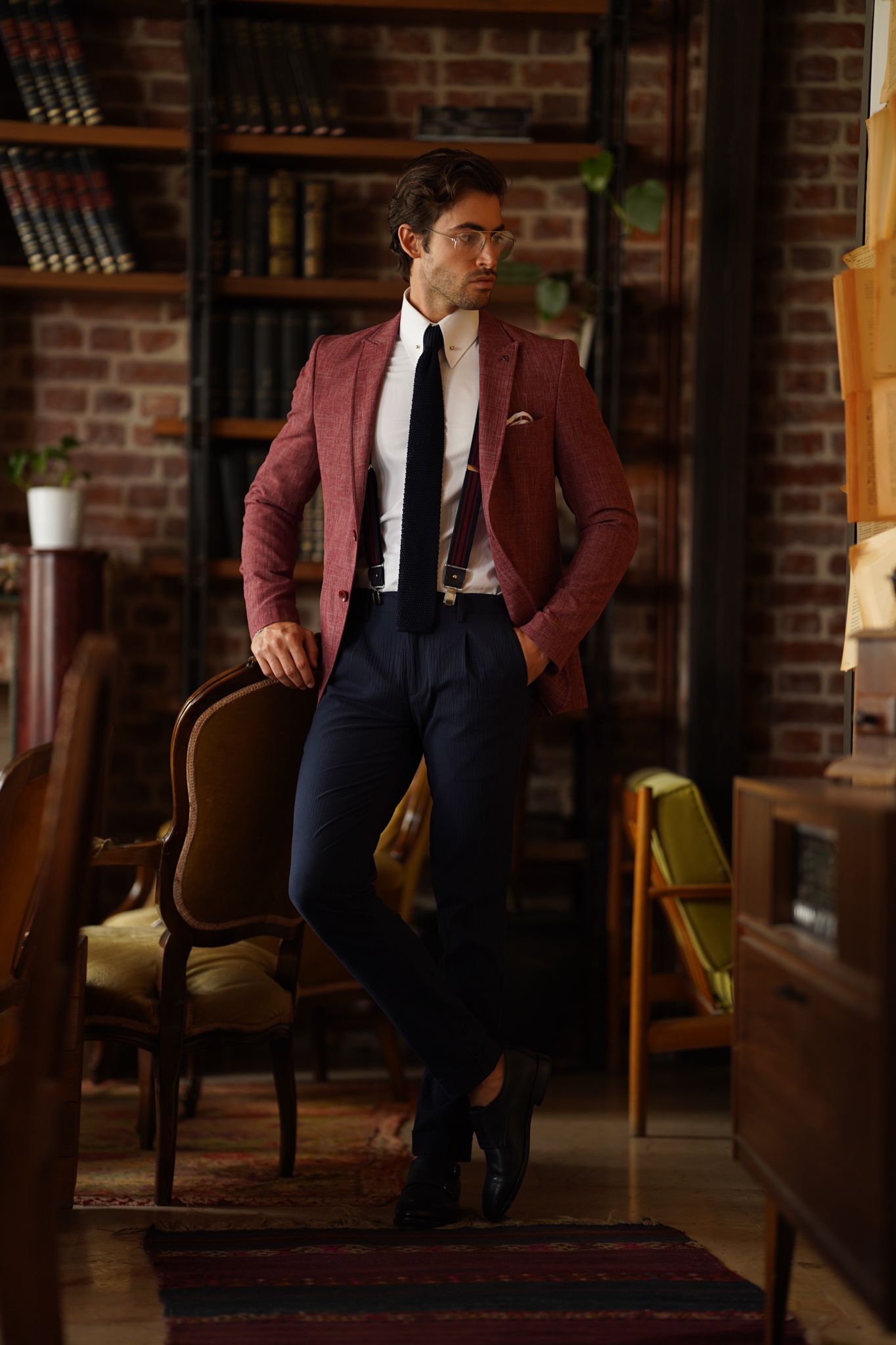 Swaxon Claret Red Self-Patterned Slim Fit Blazer