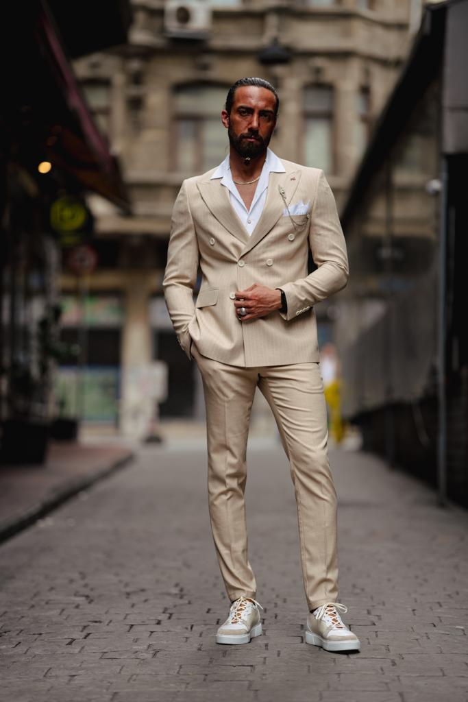 Lekra Beige Striped Double Breasted Suit