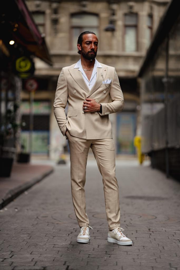 Lekra Beige Striped Double Breasted Suit