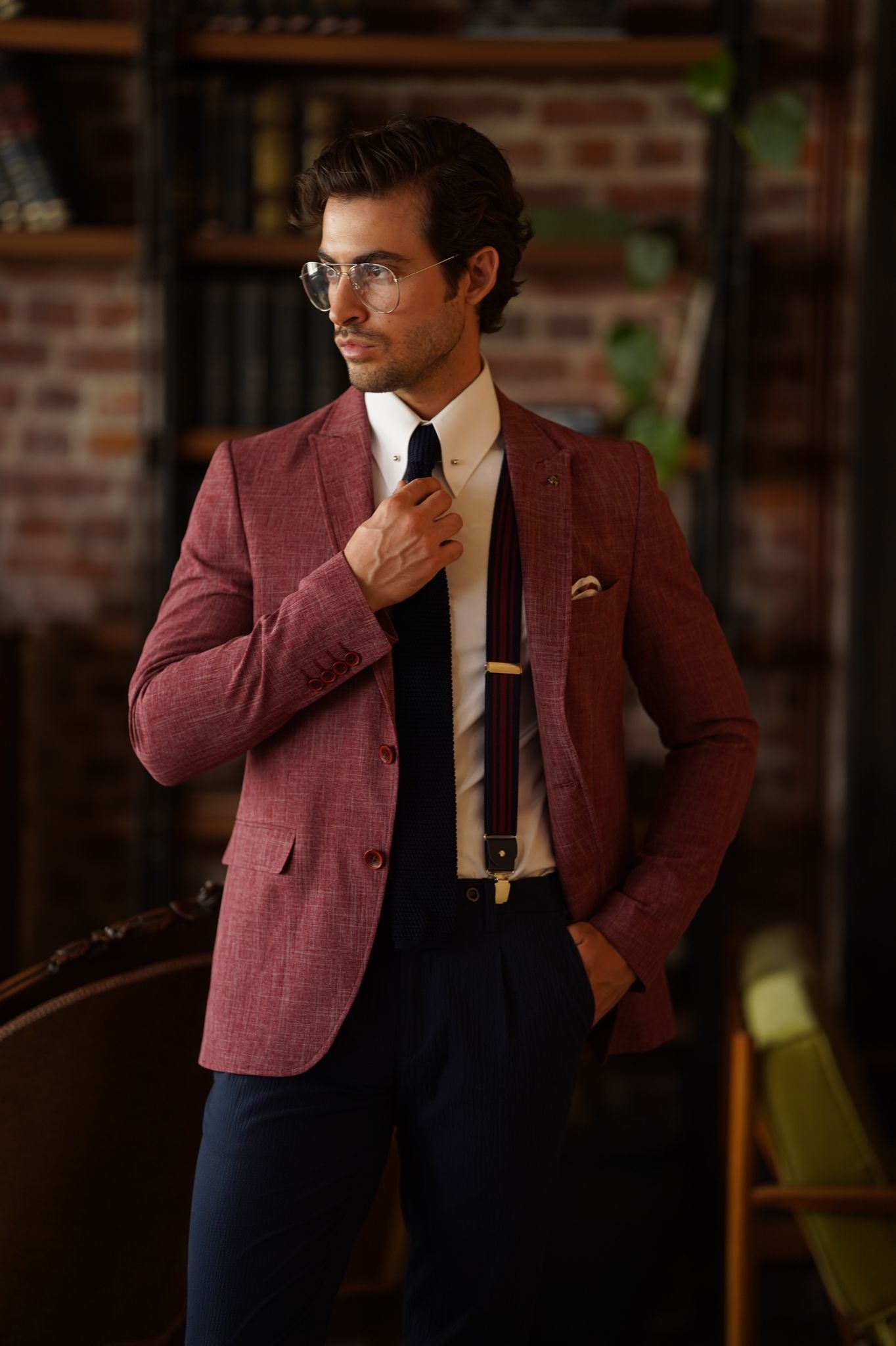 Swaxon Claret Red Self-Patterned Slim Fit Blazer