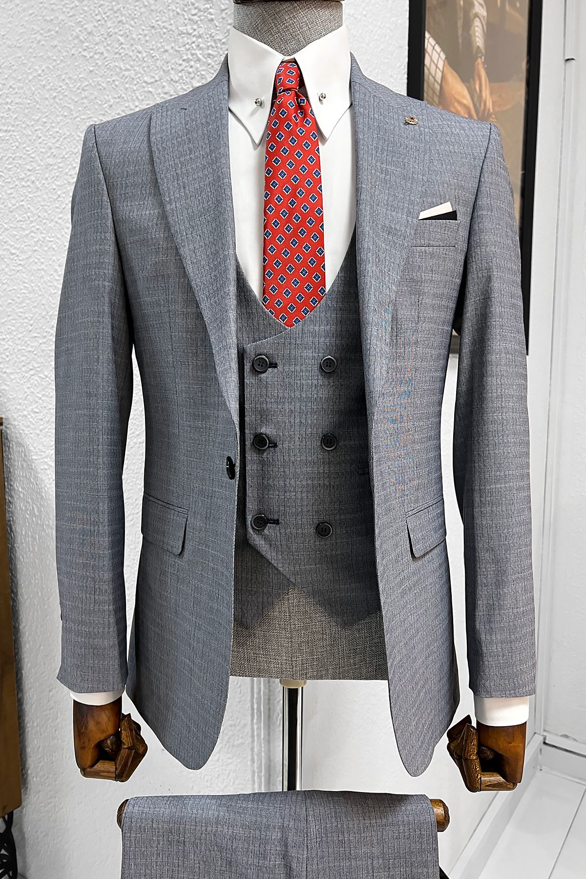 Selma Patterned Slim Fit Suit (Gray & Navy Blue)