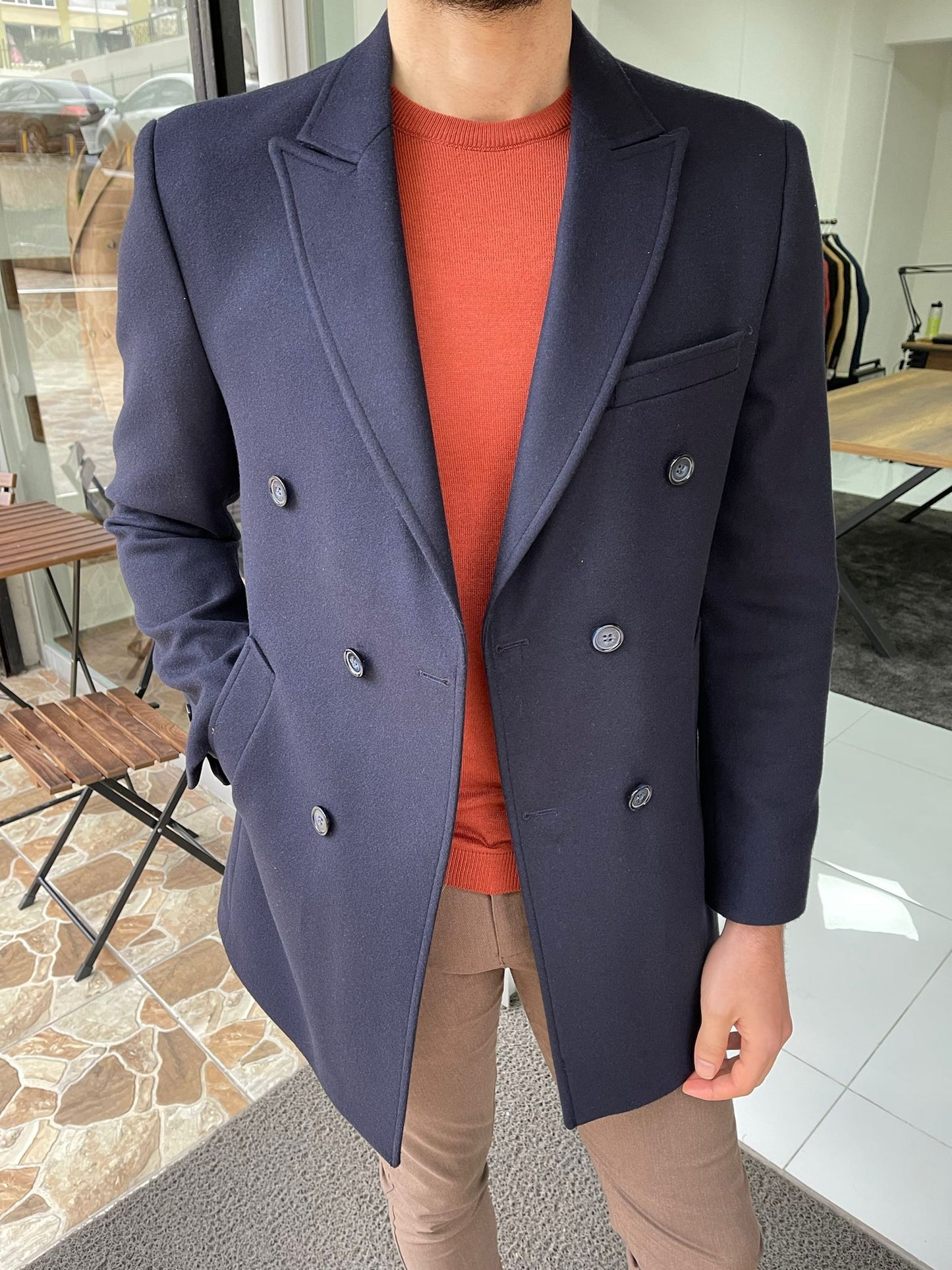 Denver Navy Blue Double Breasted Slim Fit Coat
