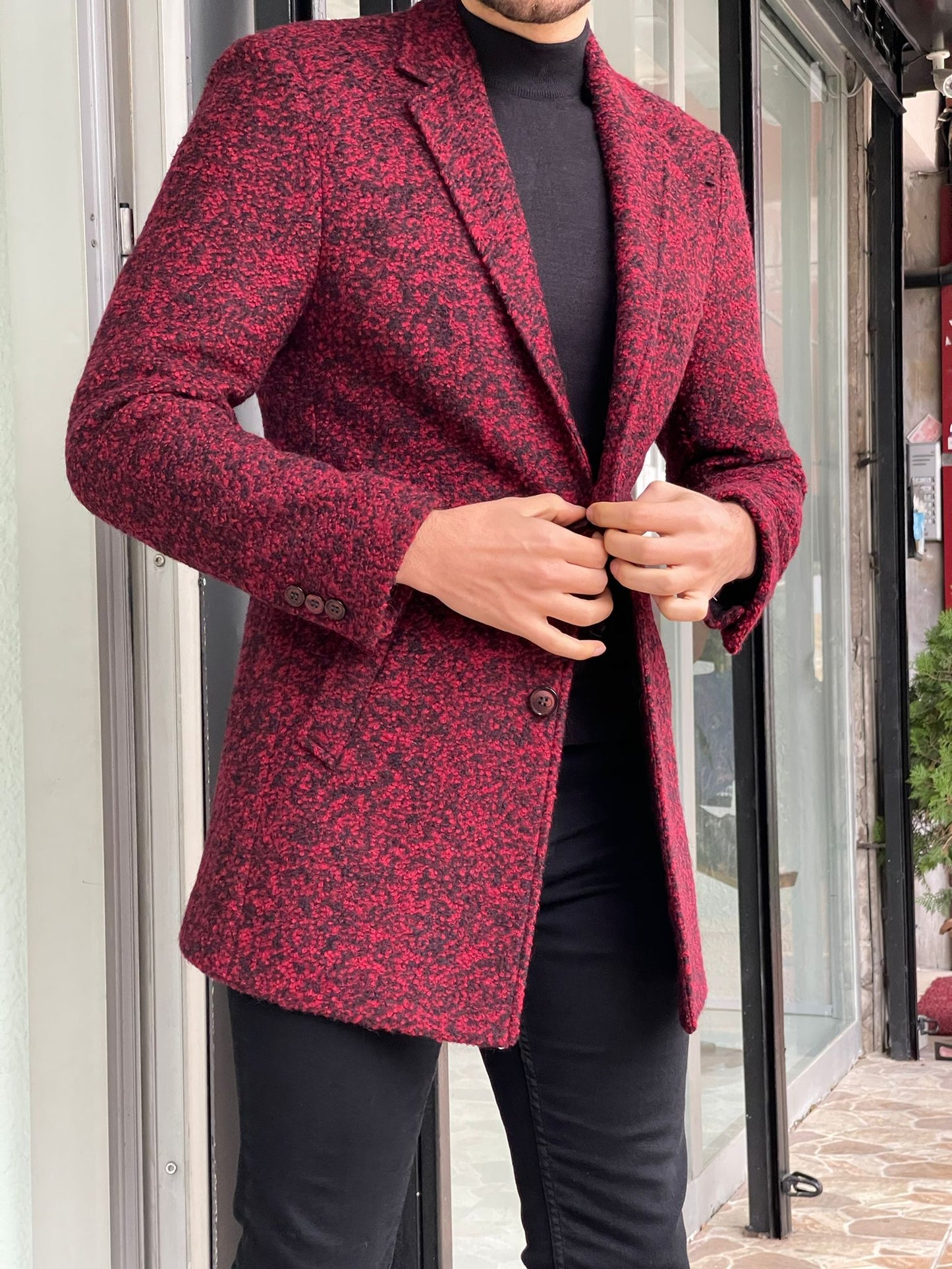 Carrara Claret Red Patterned Slim Fit Coat