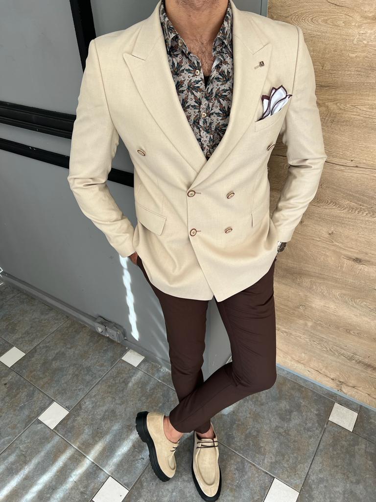 Nyon Beige Double Breasted Slim Fit Blazer