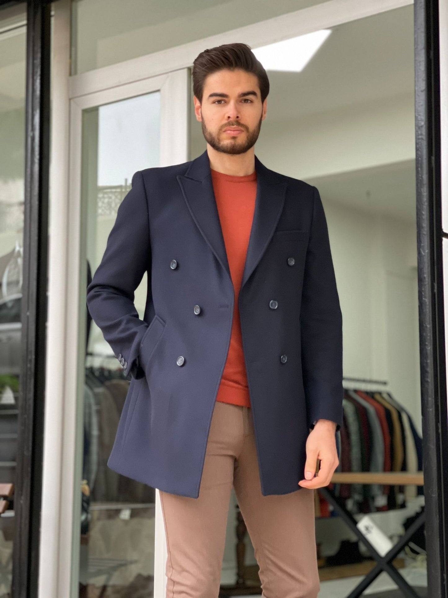 Denver Navy Blue Double Breasted Slim Fit Coat
