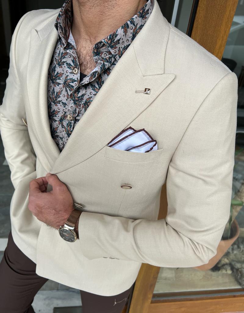 Nyon Beige Double Breasted Slim Fit Blazer