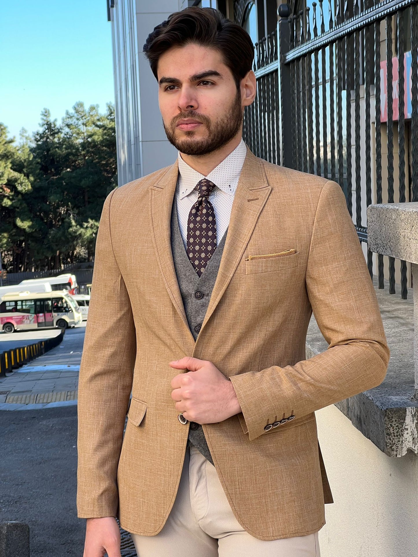 Oliver Mustard Self-Patterned Slim Fit Blazer