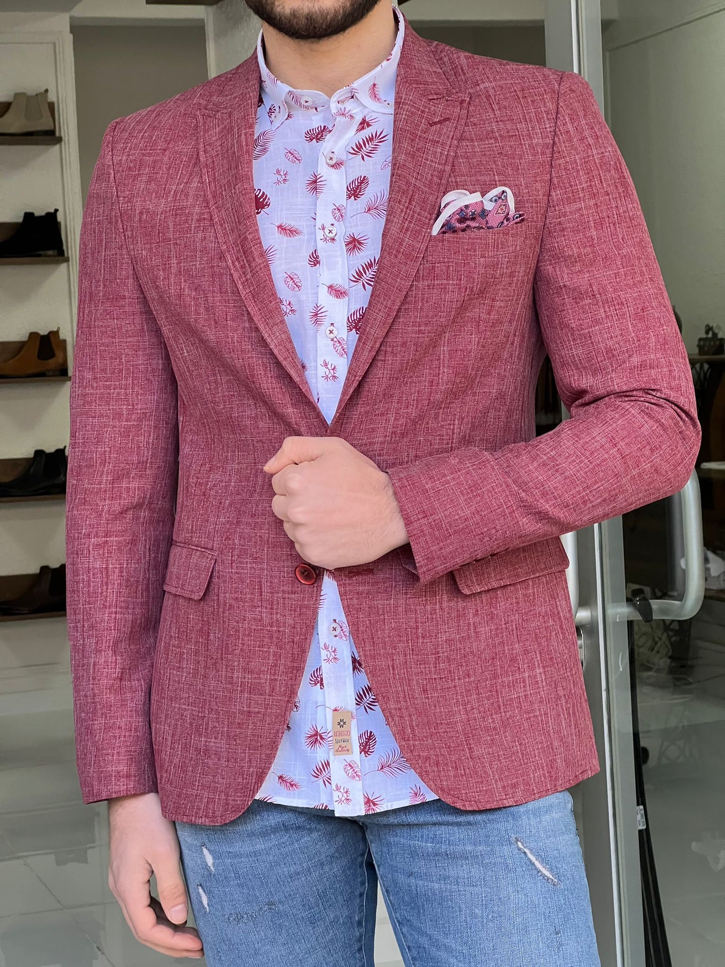 Oliver Red Self-Patterned Slim Fit Blazer
