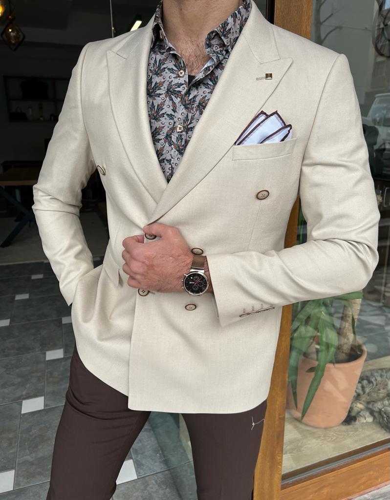 Nyon Beige Double Breasted Slim Fit Blazer