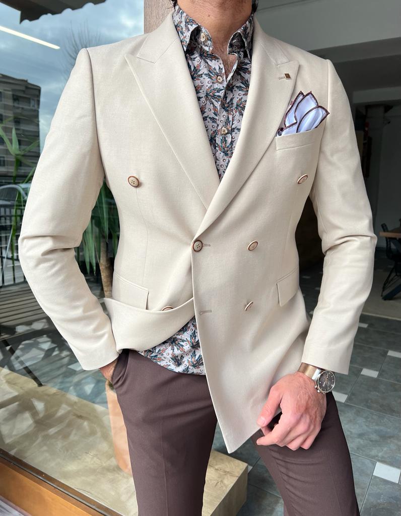 Nyon Beige Double Breasted Slim Fit Blazer