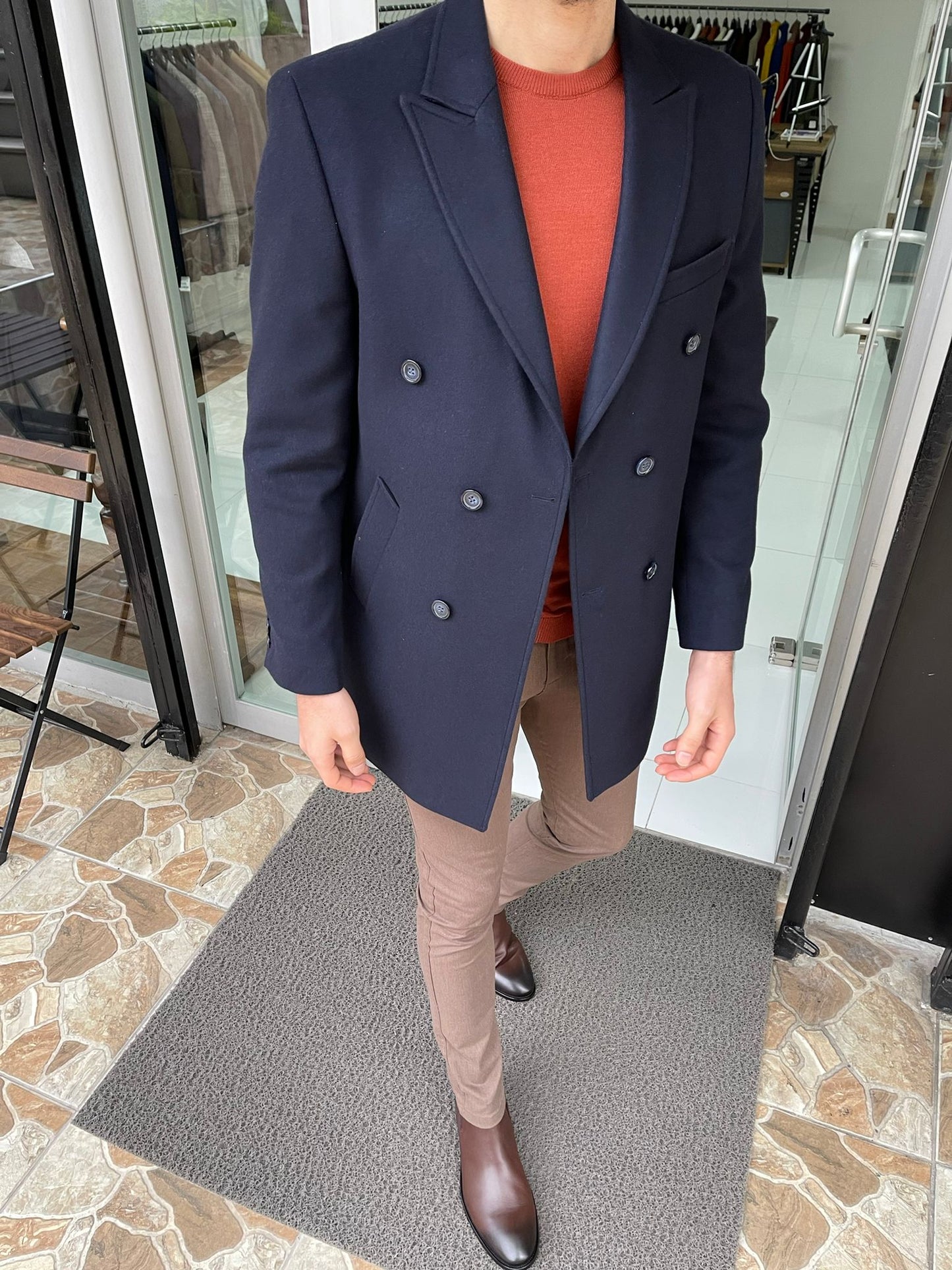 Denver Navy Blue Double Breasted Slim Fit Coat