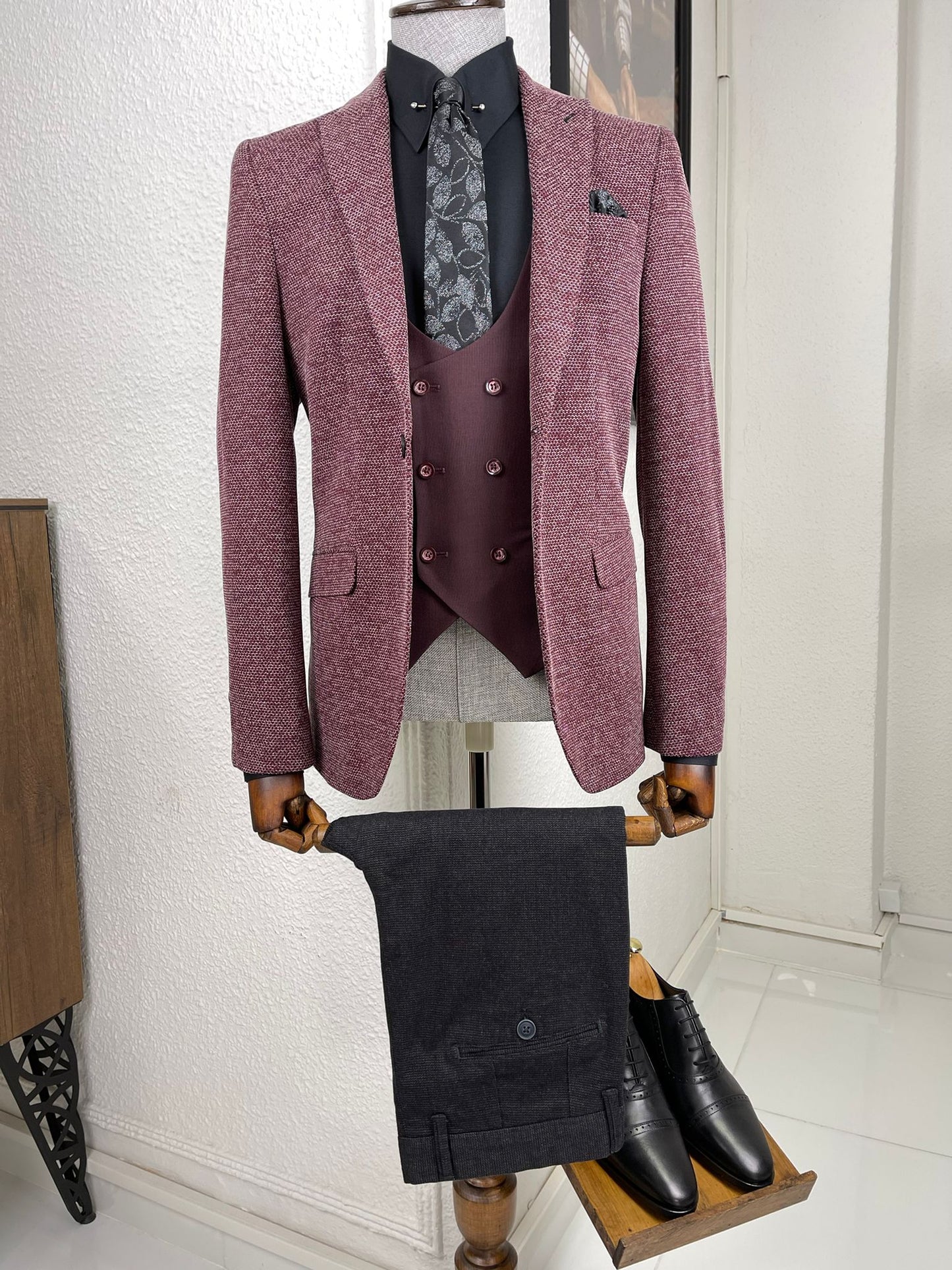 Blake Claret Red Self-Patterned Slim Fit Suit