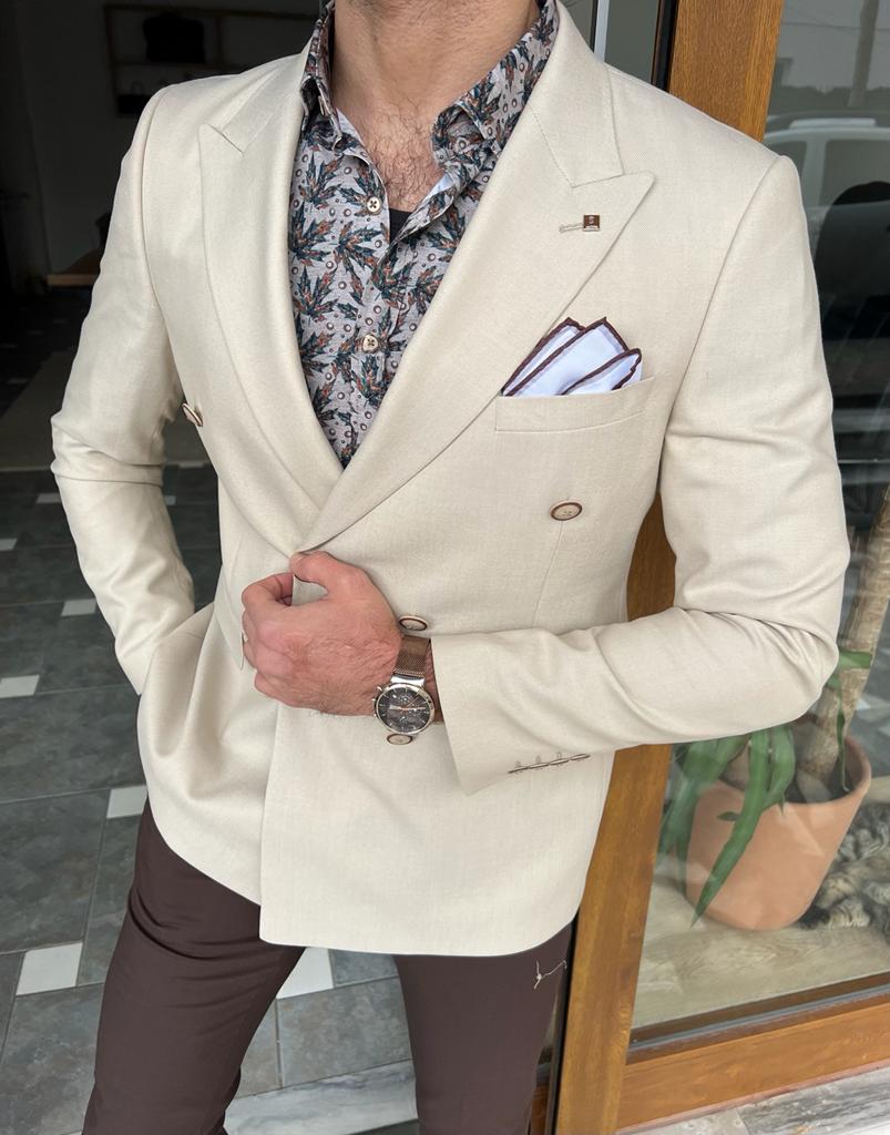 Nyon Beige Double Breasted Slim Fit Blazer