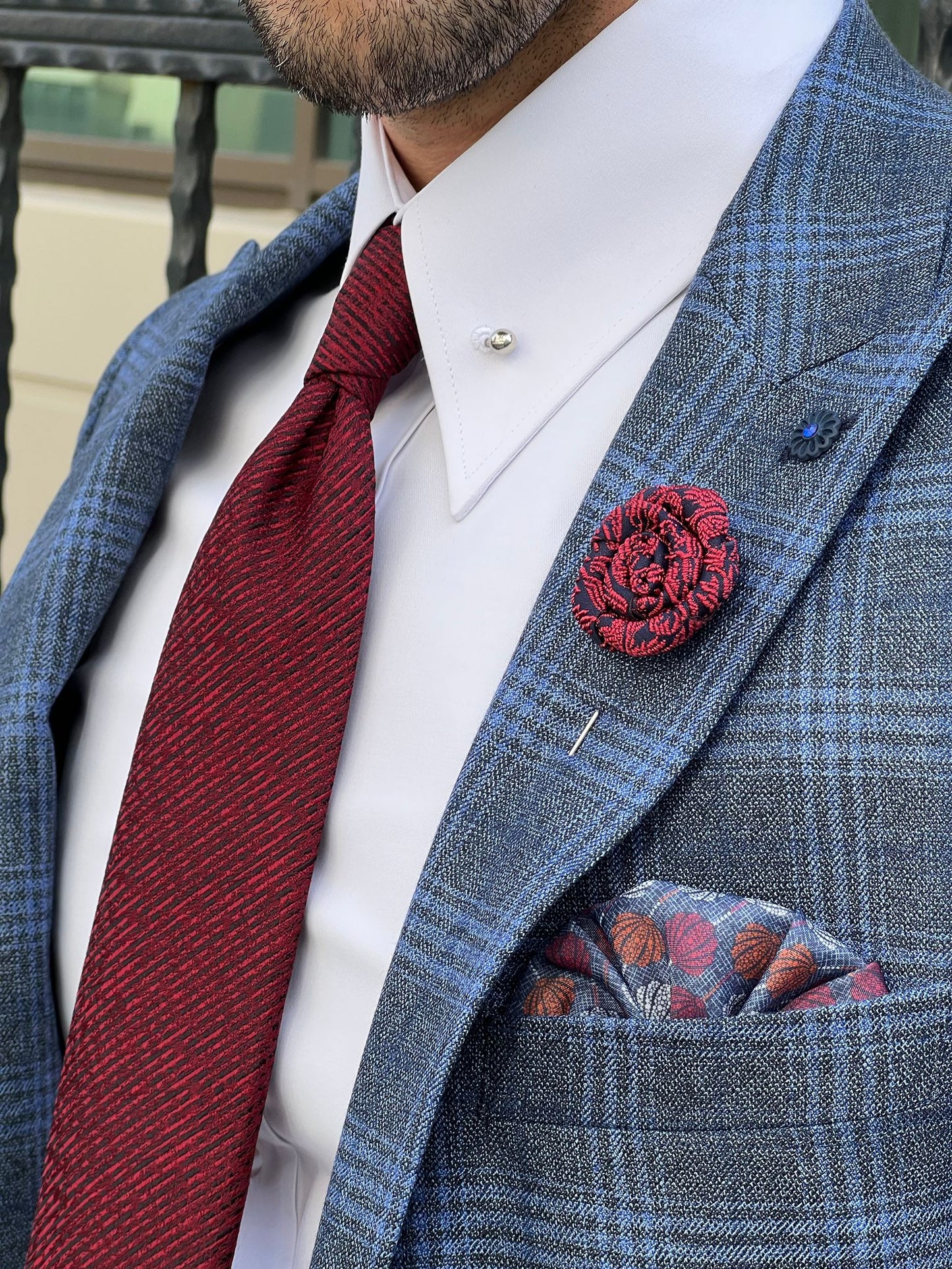 Messina Navy Blue Plaid Slim Fit Blazer
