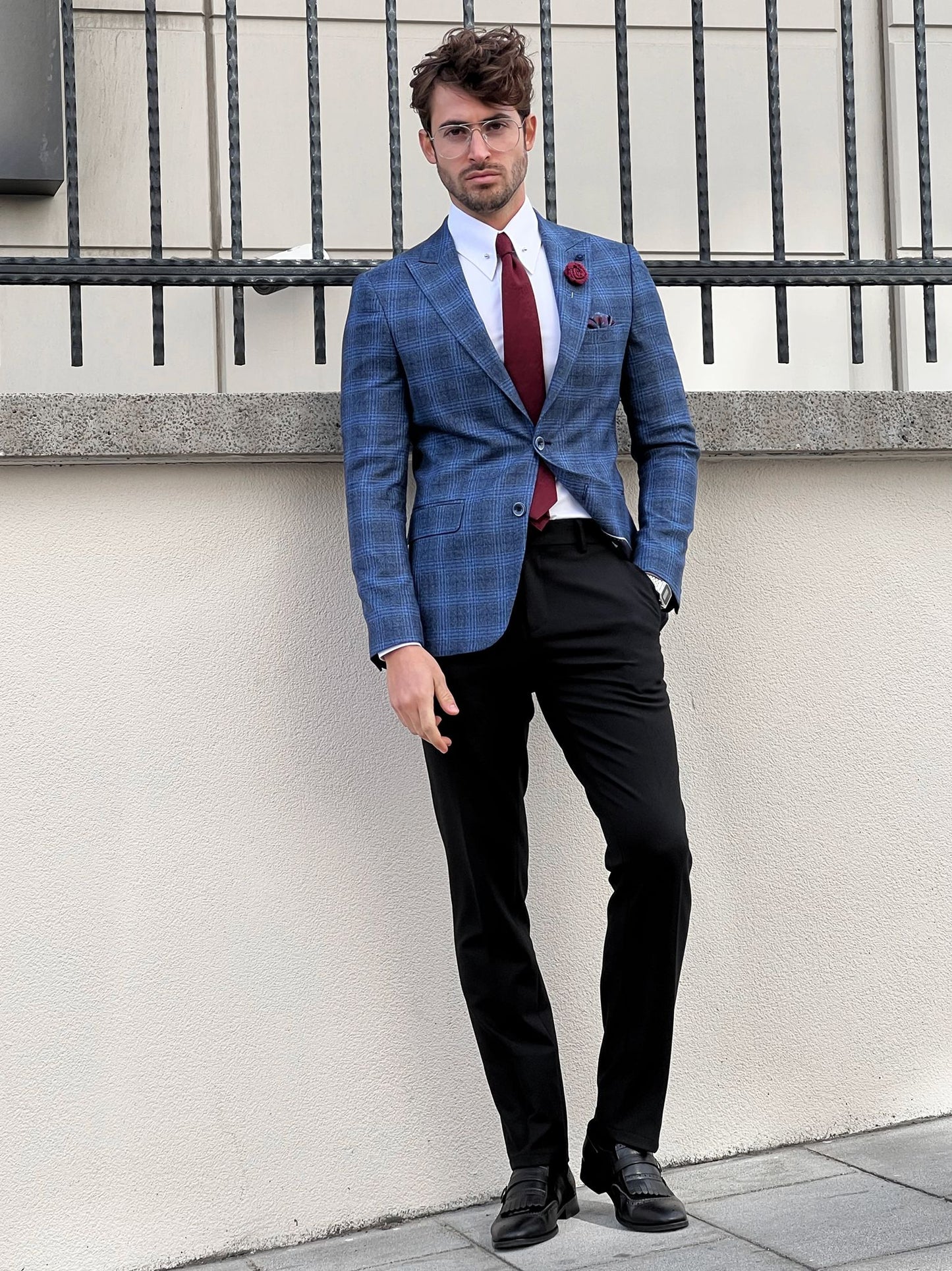 Messina Navy Blue Plaid Slim Fit Blazer