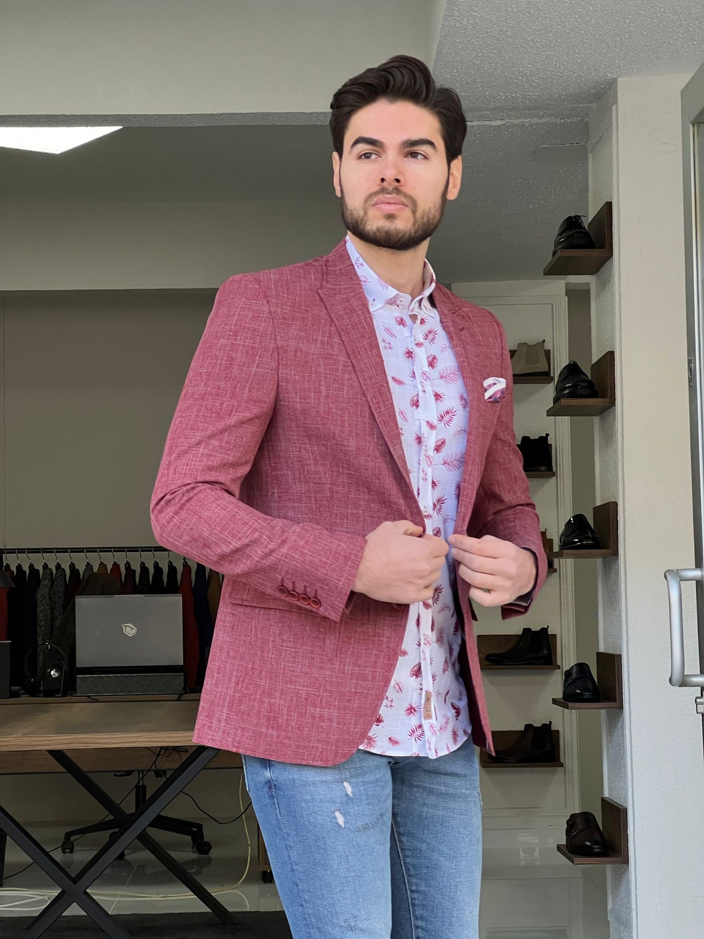 Oliver Red Self-Patterned Slim Fit Blazer