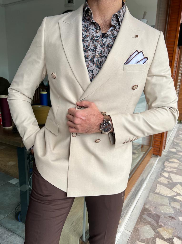 Nyon Beige Double Breasted Slim Fit Blazer