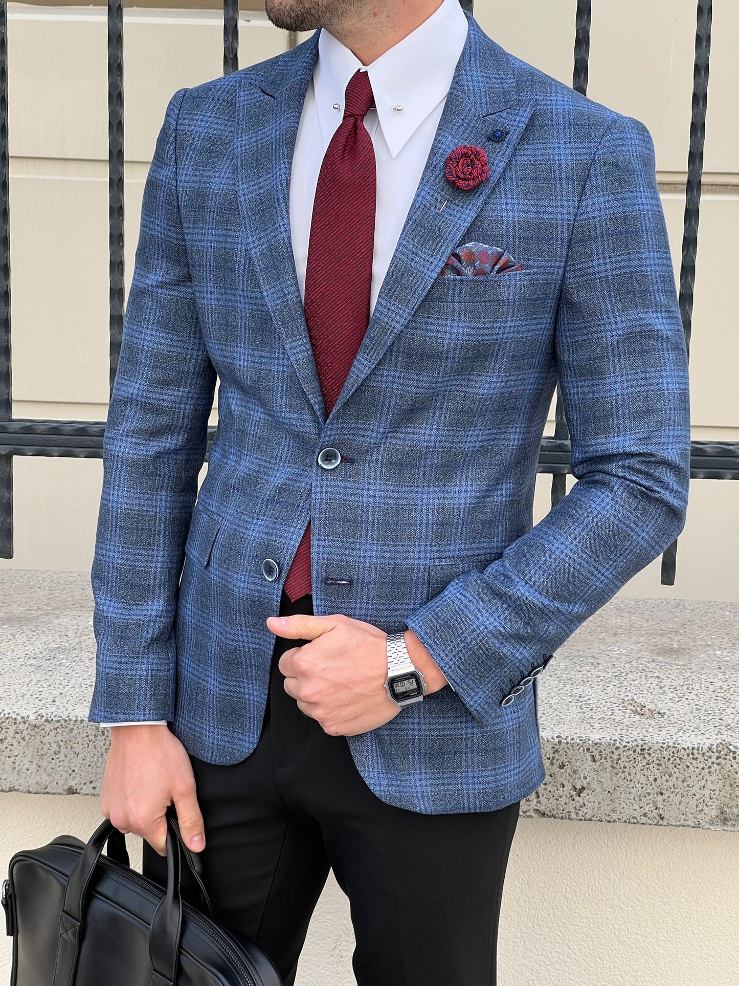 Messina Navy Blue Plaid Slim Fit Blazer