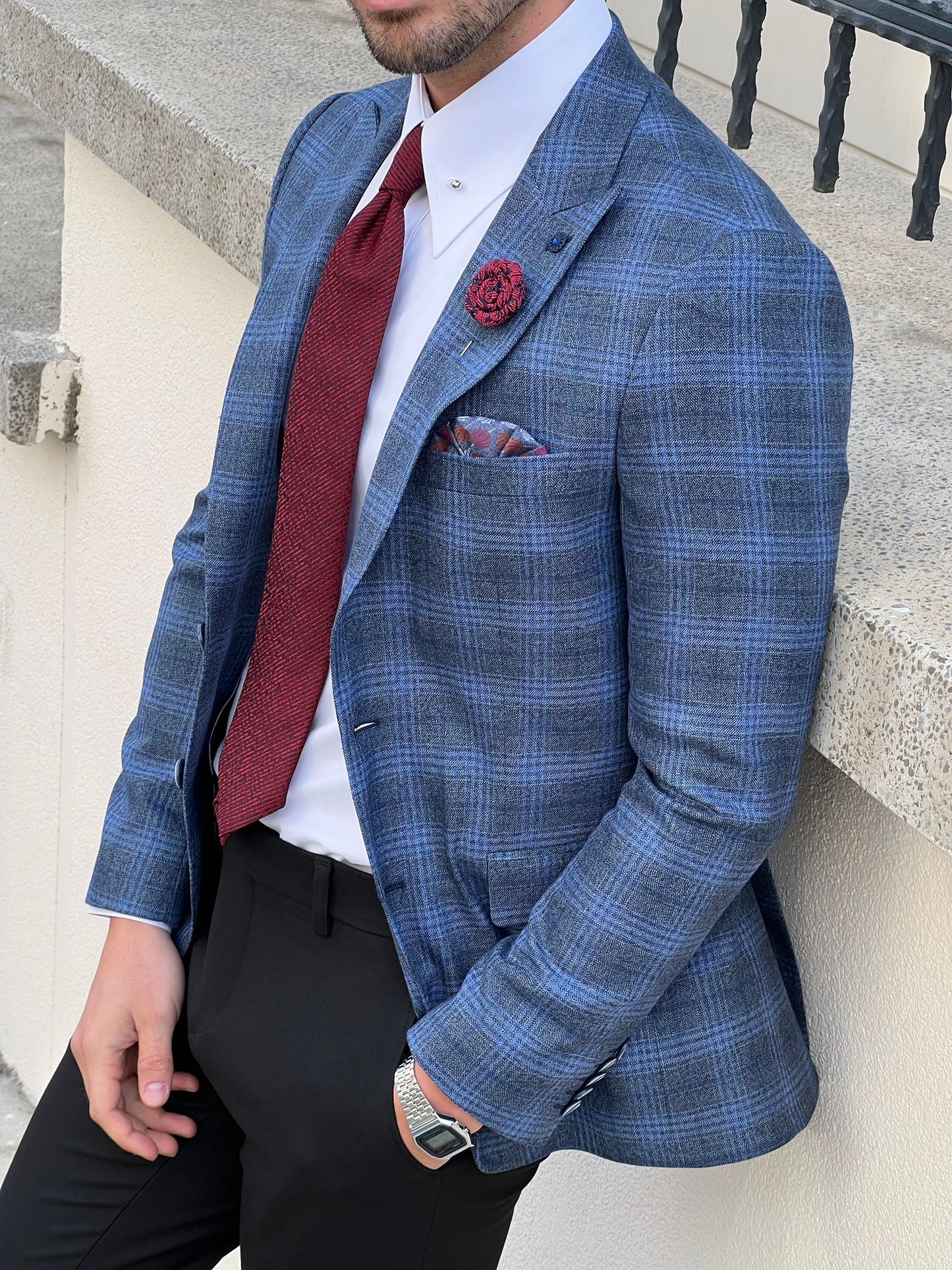 Messina Navy Blue Plaid Slim Fit Blazer