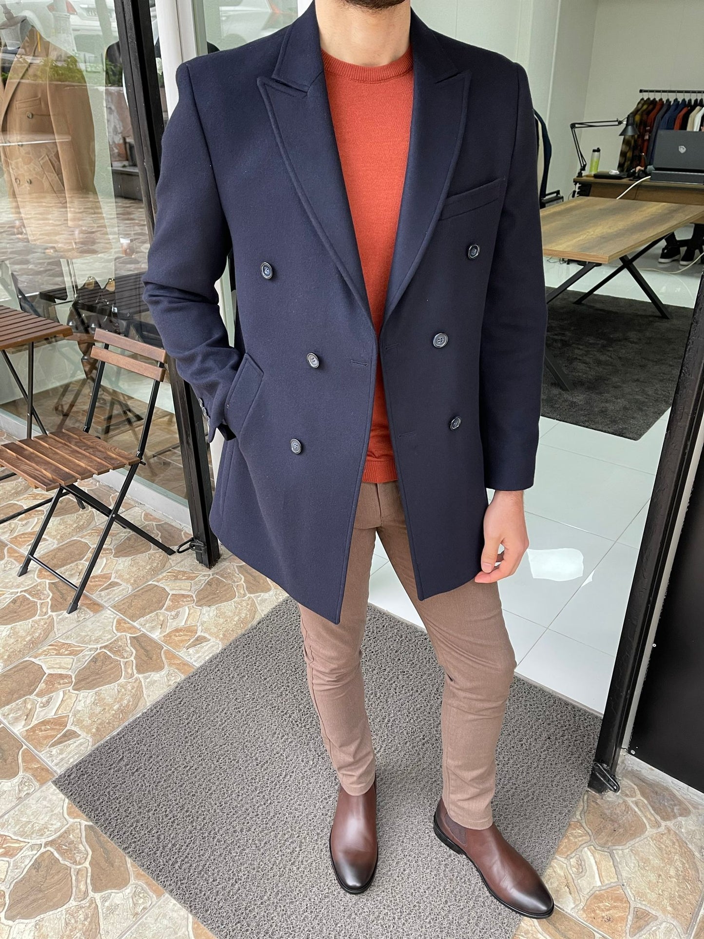 Denver Navy Blue Double Breasted Slim Fit Coat