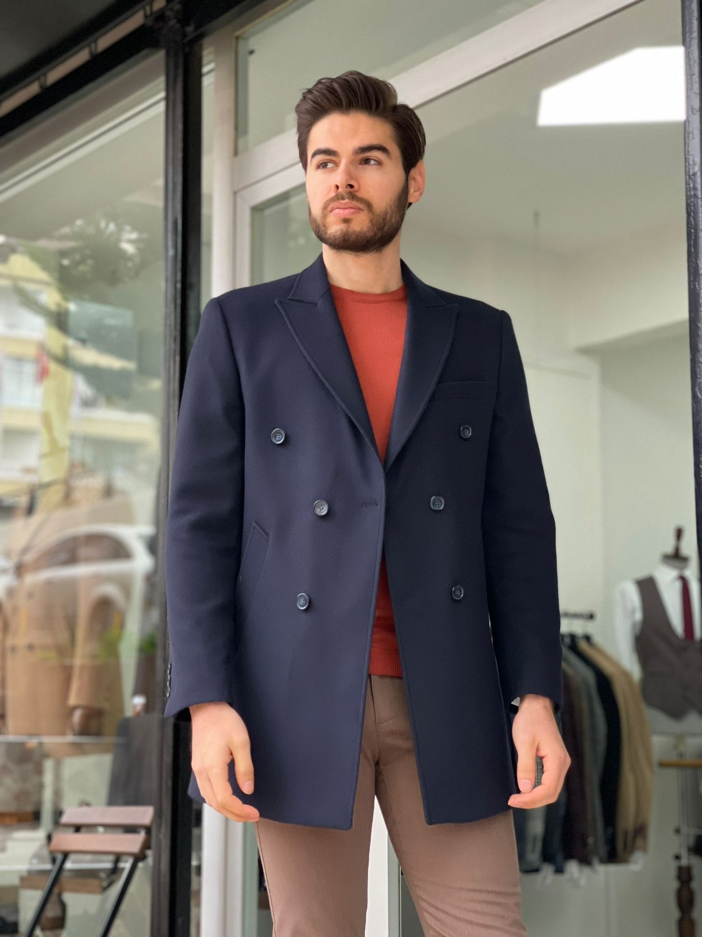 Denver Navy Blue Double Breasted Slim Fit Coat