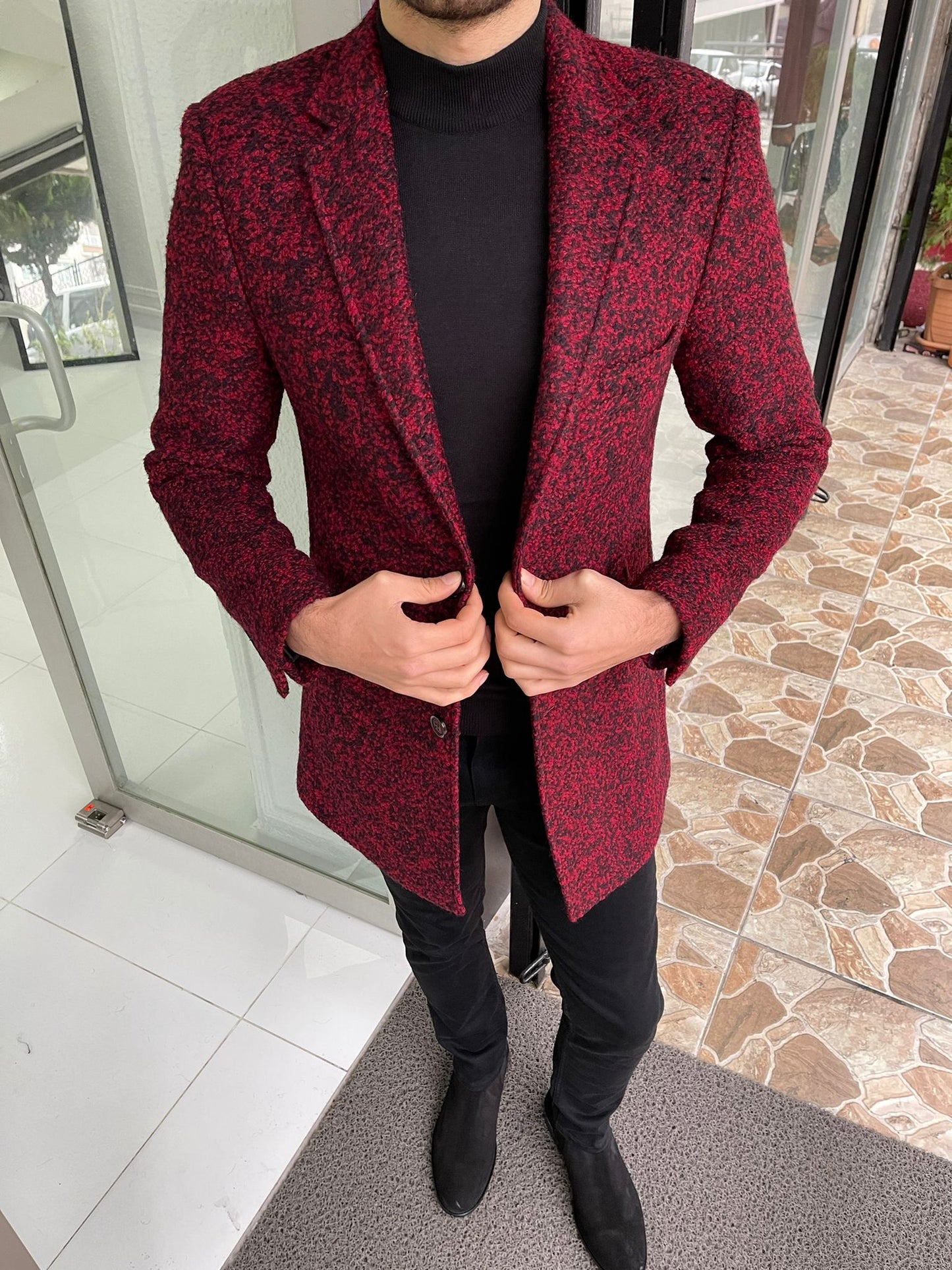 Carrara Claret Red Patterned Slim Fit Coat